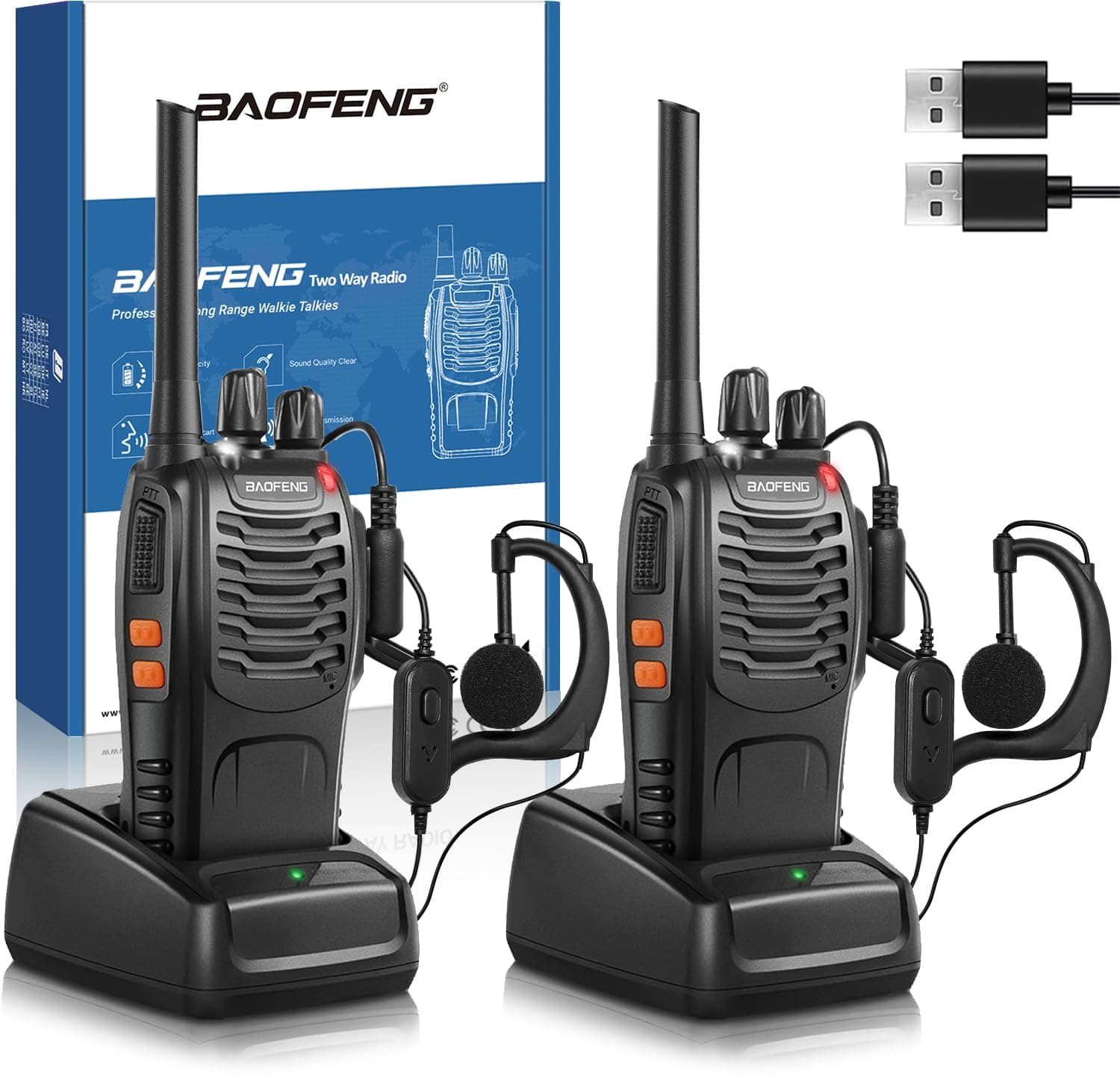 Baofeng Walkie Talkie PMR446 Senza Licenza, Antenna Non Rimovibile, 16 canali Walkie-talkie professionali ricaricabili a lungo raggio con base per caricabatterie USB e auricolari (2 pezzi)