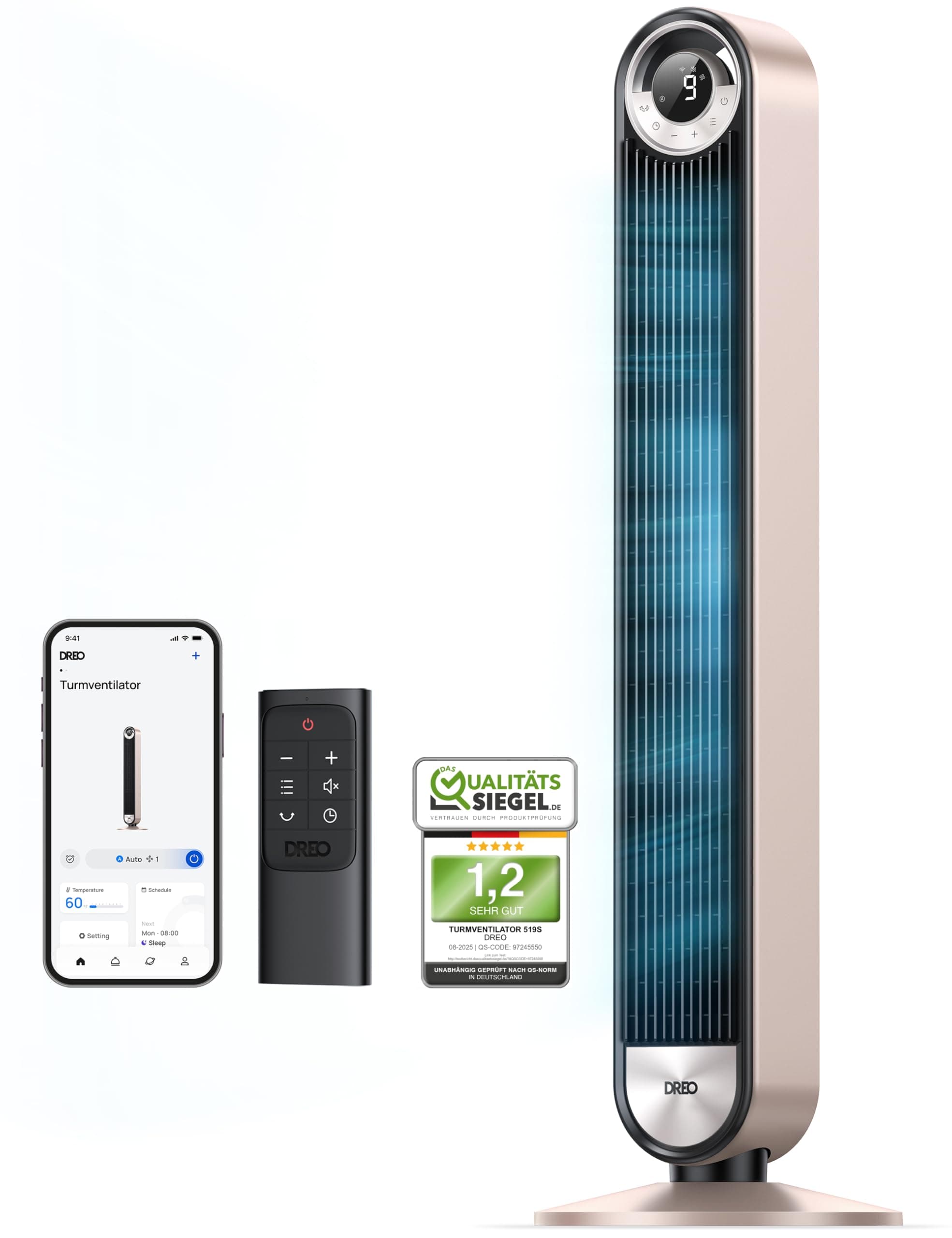 DREO 25 dB Ventilateur de tour silencieux Smart, 106cm de hauteur 4 modes 9-vitesse Max 7,9m/s 12H Timer Ventilateur oscillant à 90° avec télécommande Commande vocale Refroidissement