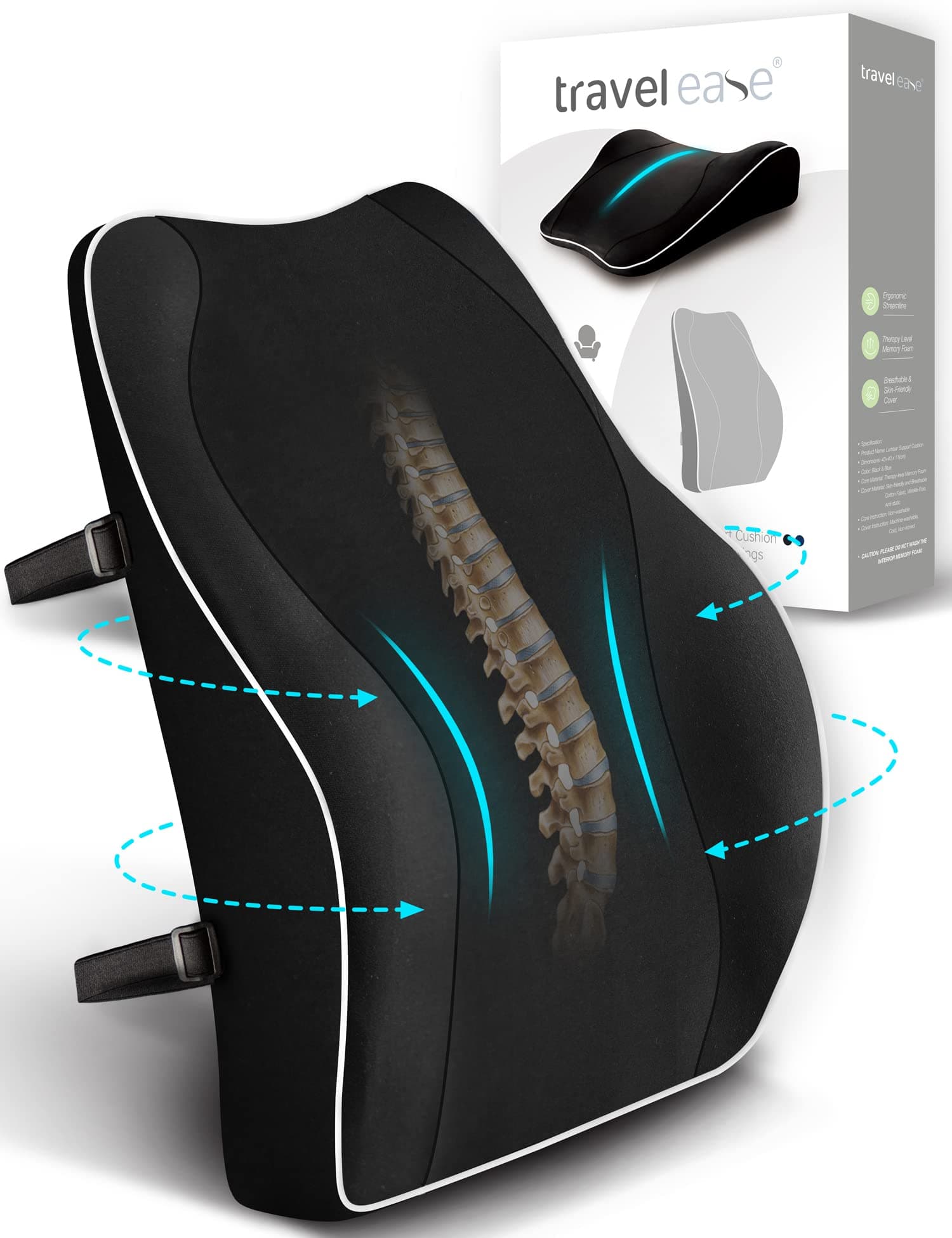 Travel Ease Cojín de Soporte Lumbar Ergonómico, Respaldo de Espuma Viscoelástica para Asiento de Automóvil, Silla de Oficina, Respaldo con Cubierta Antiestática y Correas Ajustables Dobles, Negro