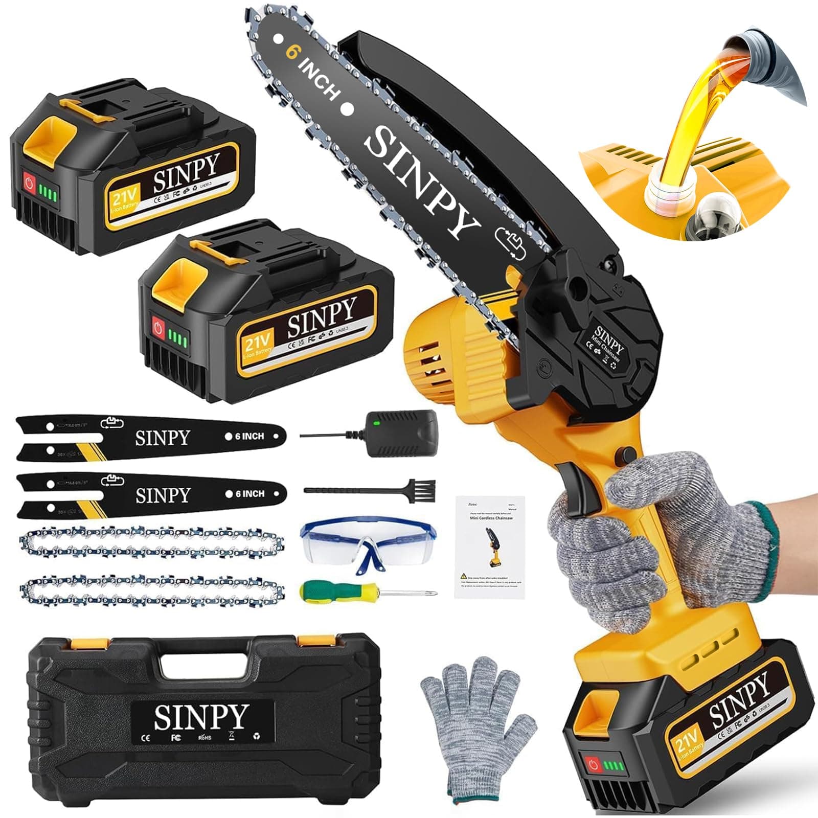 SINPY Mini Motosega a Batteria per Potatura con 2 Batterie e Caricatore Rapido, 6 Pollici Sega a Batteria per Potatura Con Pompetta Olio e Blocco di Sicurezza per il Taglio del Legno e Giardini