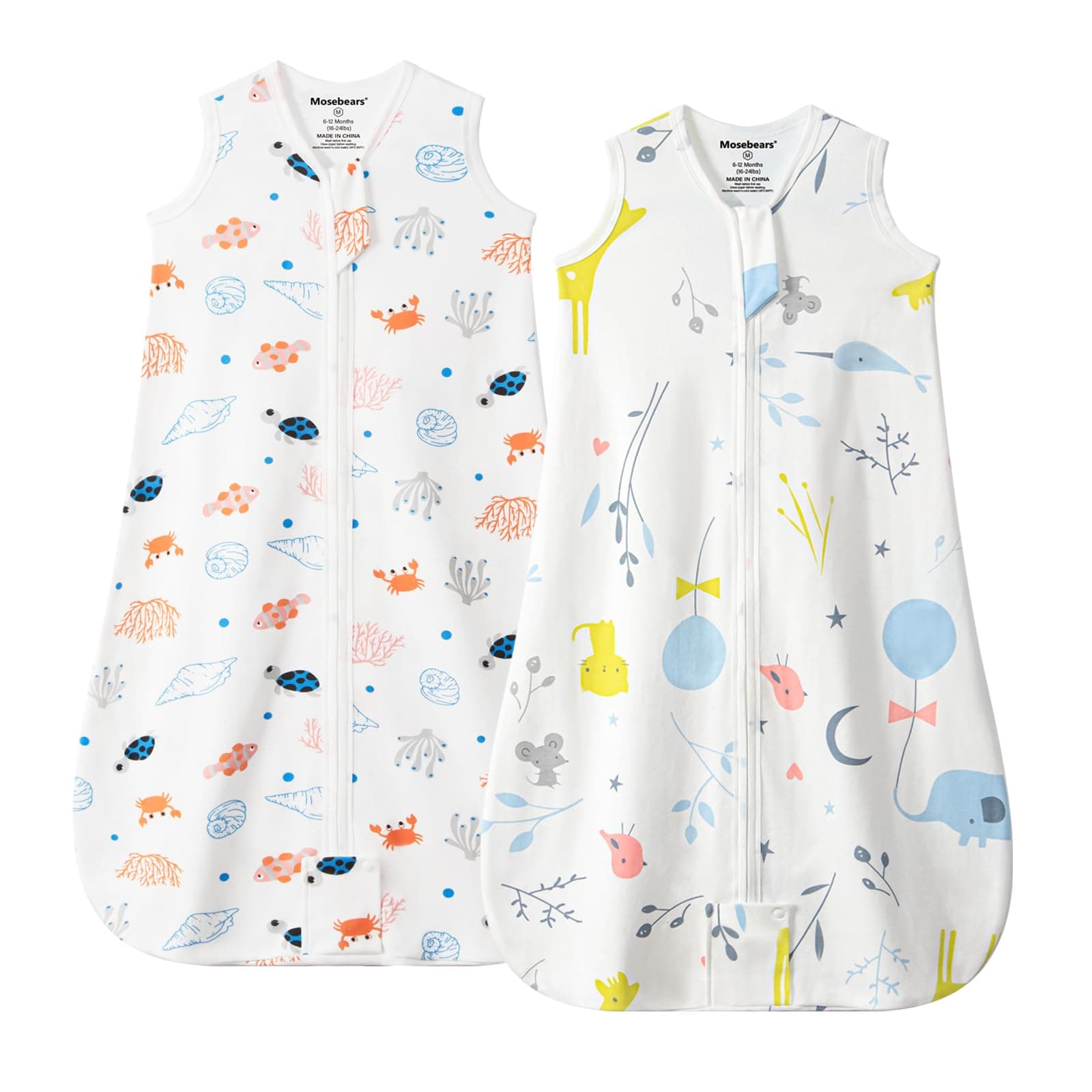 Mosebears Sacco nanna Estivo per Bambini, 0,5 Tog 100% Cotone Traspirante (2 confezioni Animal, M (6-12 mesi))