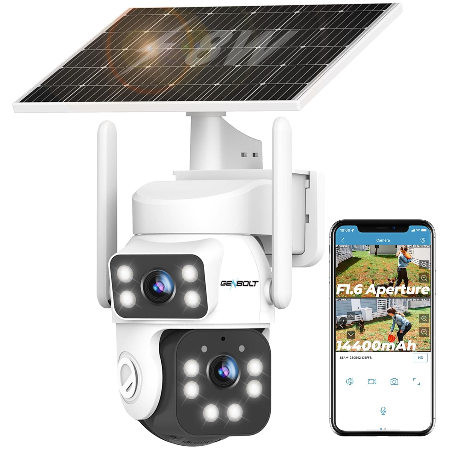 GENBOLT 2K Solaire WiFi Caméra De Surveillance Extérieur sans Fil, AOV Enregistrement 24/7 3MP+3MP IP Caméra Surveillance Batterie avec détection IA 90FT,8W 14400mAh Caméra CCTV Double WiFi 2.4&5GHz