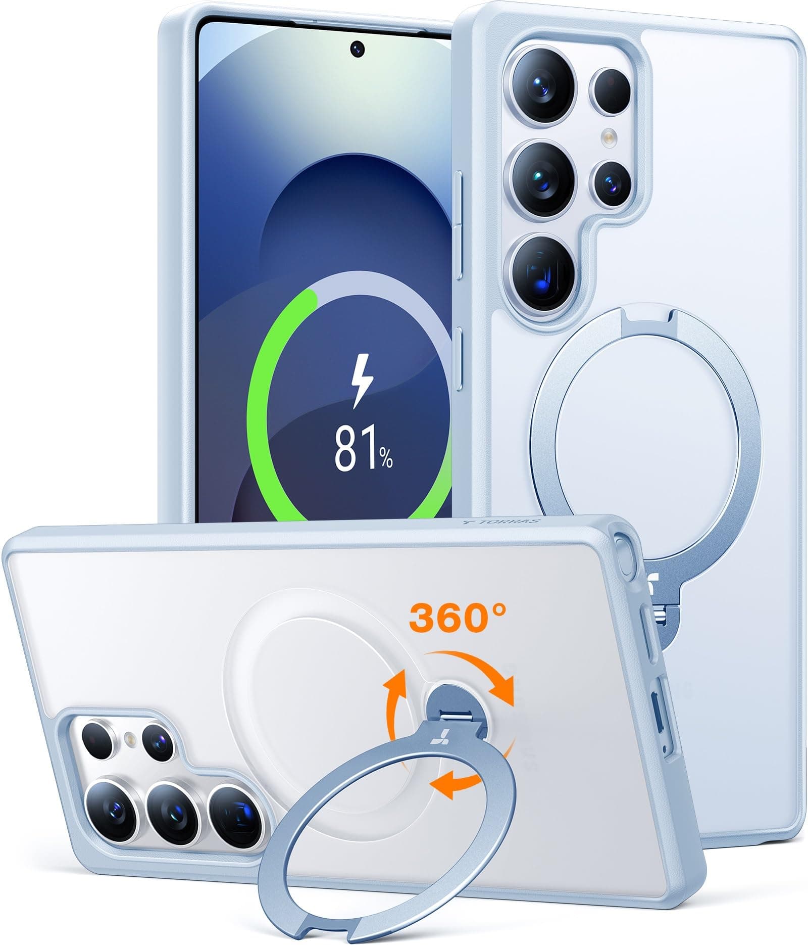 TORRAS Ostand Q3 Spin für Samsung Galaxy S25 Ultra Hülle TOP Militärschutz (360° Magnetischer Robust Standring) Matt Transluzente Rückseite Case Blau