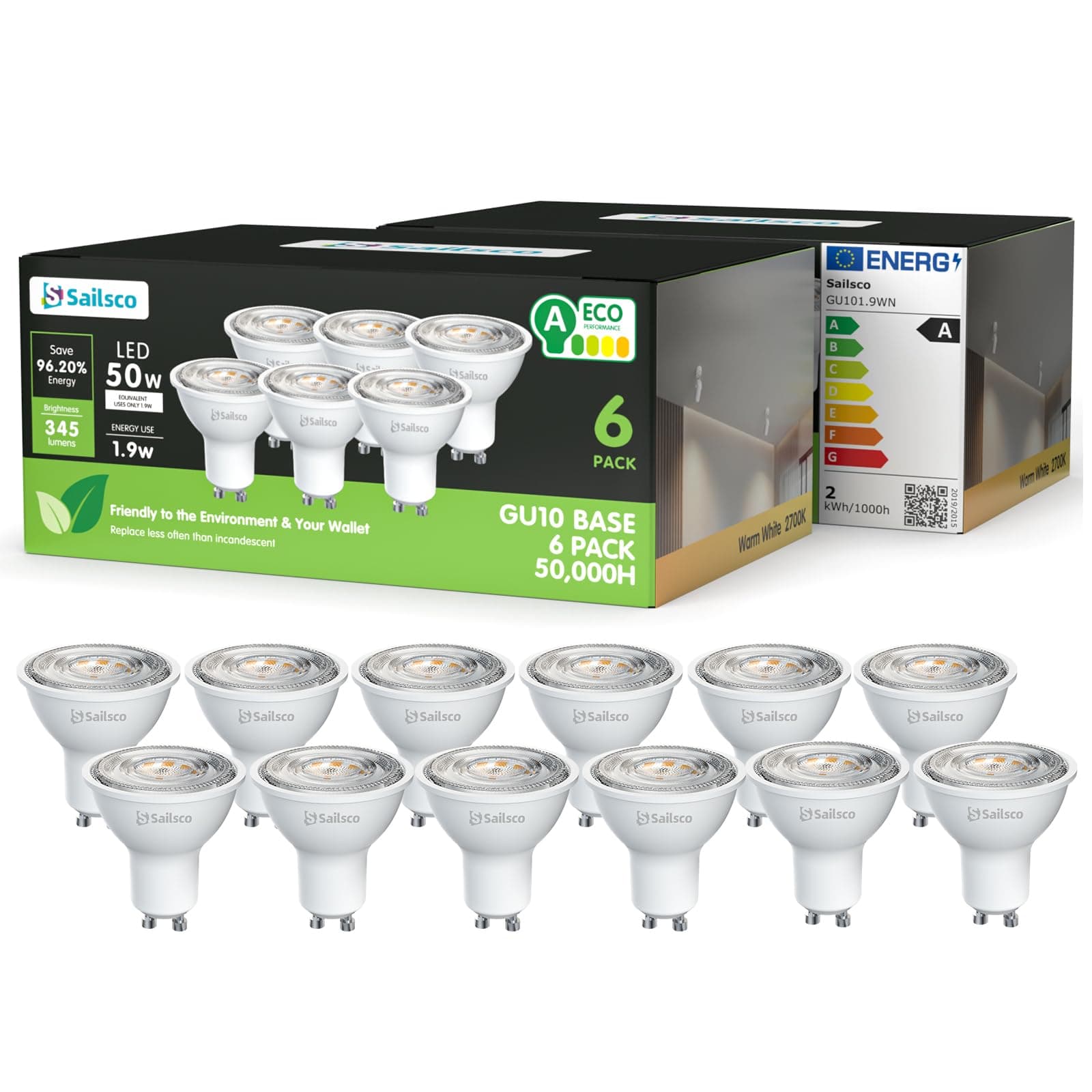 sailsco Clase A GU10 LED Spot Bombilla Blanco Cálido 1.9W 2700K 345 Lumen,GU10 Bombilla de Ahorro de Energía 50W Lámpara Incandescente de Repuesto,ángulo de haz 36°,No Regulable,12 piezas