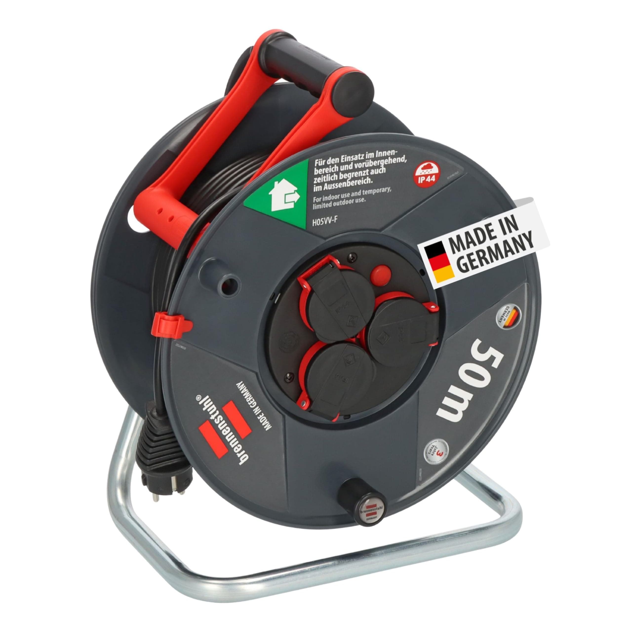 Brennenstuhl Garant V2 IP44 Kabeltrommel 50m Outdoor (Made in Germany, 3 Schutzkontakt-Steckdosen, Überhitzungsschutz, Spezialkunststoff)