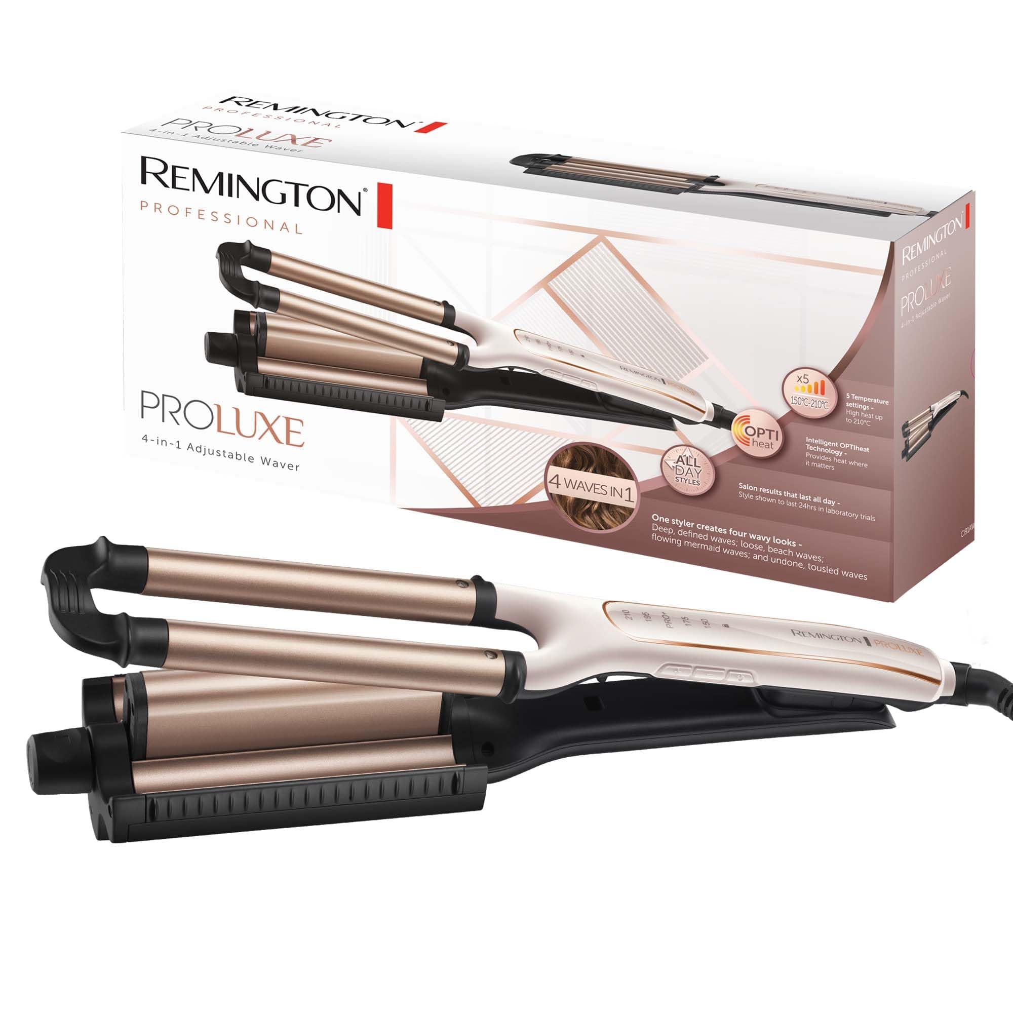 Remington Welleneisen [Testsieger] ProLuxe 4-in-1 Lockenstab: Beach, natürlich Wellen, Wasserwellen, (Dig. Display, Temperatureinstellung bis 210°C) Kreppeisen, Multistyler CI91AW, Weiße Rose