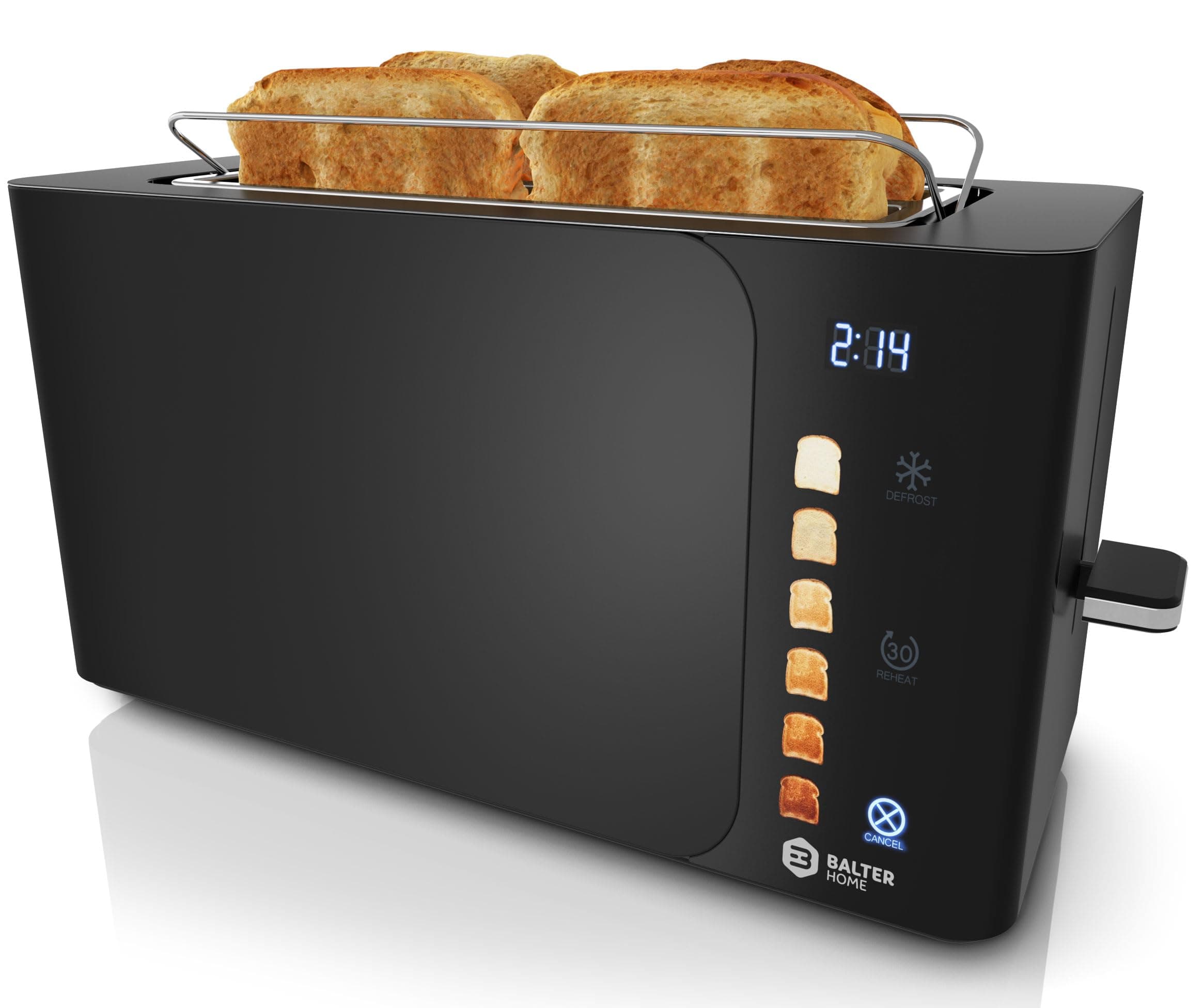 Balter Toaster 4 Scheiben, Touch Bedienung, Langschlitz, Edelstahl, Brötchenaufsatz, LCD Display Langschlitztoaster, Auftaufunktion, Brotzentrierung, TS-44 Schwarz matt