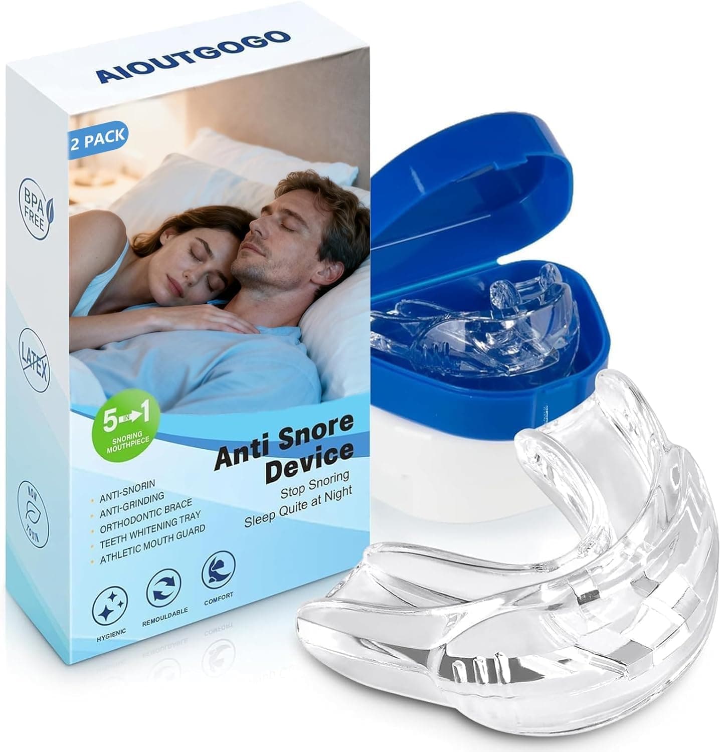 Anti Ronflement Efficace Puissant, 2 Pièces Gouttiere Dentaire Bruxisme en TPE Souple, AIOUTGOGO Orthese Gouttière Anti Ronflement- Apnée Du Sommeil, Prêt à l'emploi, Confort Sommeil Paisible