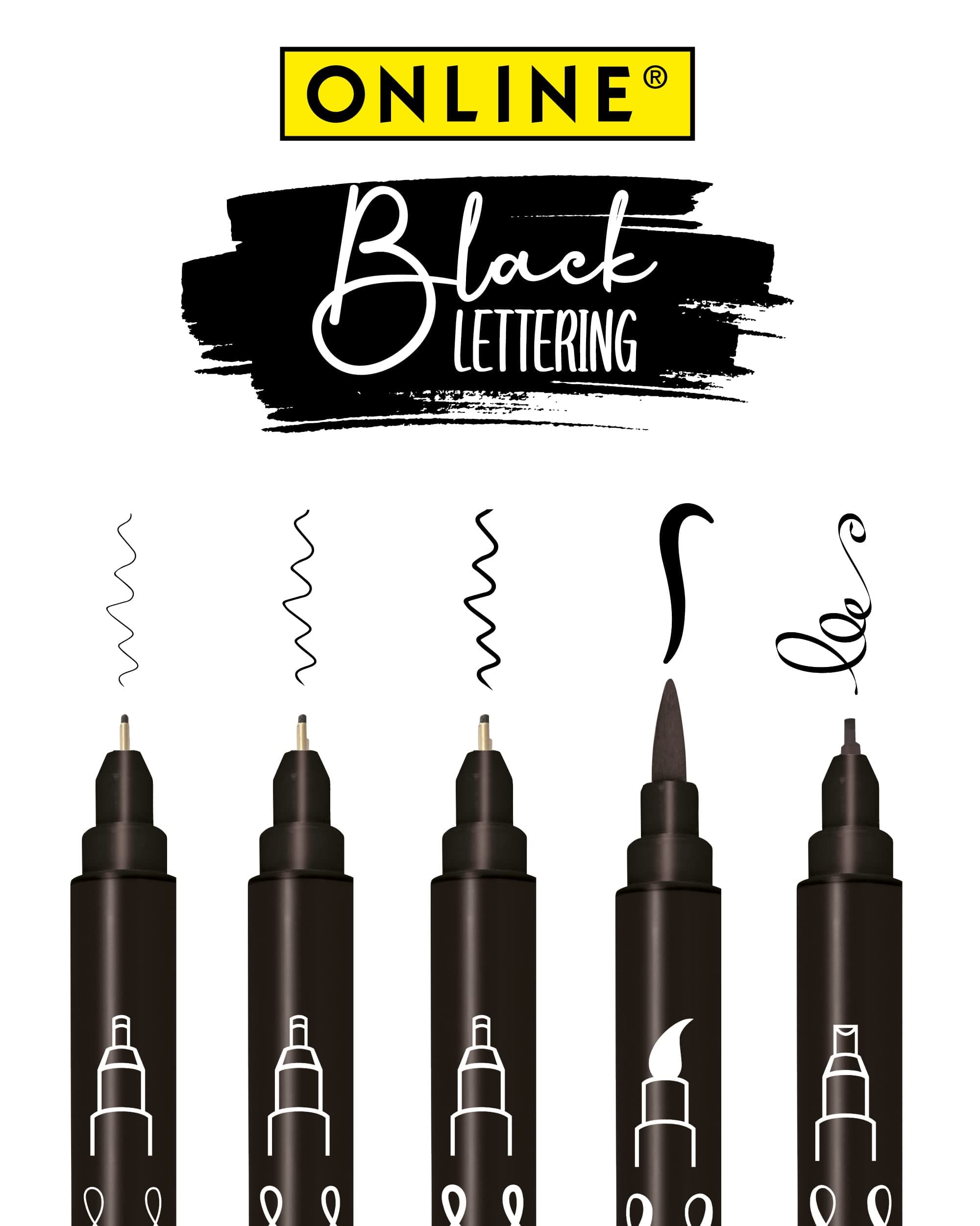 Online 5x Fineliner Schwarz wasserbeständig | mit Brush Pen, Fineliner-Spitzen und Kalligrafie-Spitze | Black Handlettering-Set | Tuschestifte für Bullet Journal, Sketchnotes & DIY Geschenke