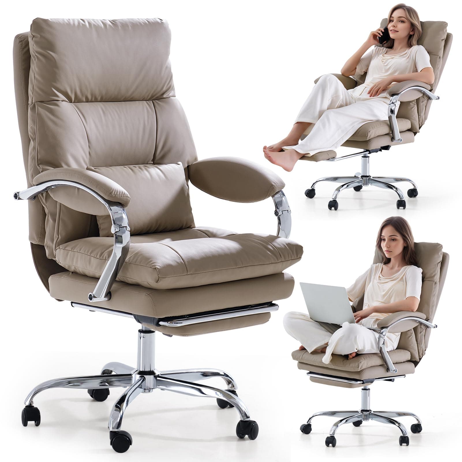 EMIAH Silla de Escritorio con Reposapiés y Reposabrazos, Cuero PU, Caqui | Silla de Oficina Ejecutiva, Silla Ergonómica Acolchado Reclinable con Ruedas, Silla de Ordenador Giratoria con Cojín Grueso