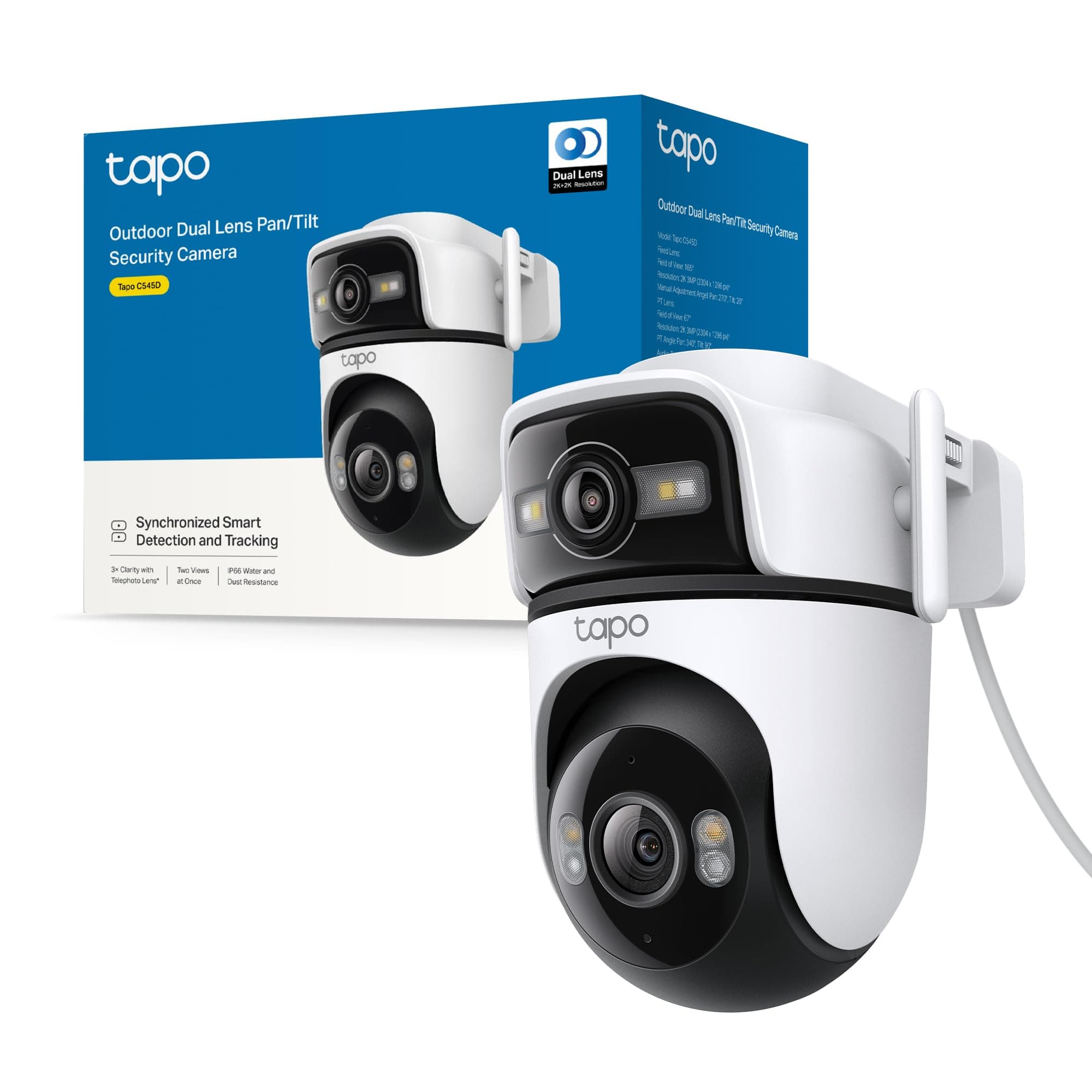 Tapo C545D Telecamera Wi-Fi Esterno con Doppio Obiettivo 2K(3MP+3MP), PTZ con Tracking Smart, Rilevamento AI Persone/Animali/Veicoli, Visione Notturna a Colori, Audio Bidirezionale, Ethernet, IP66