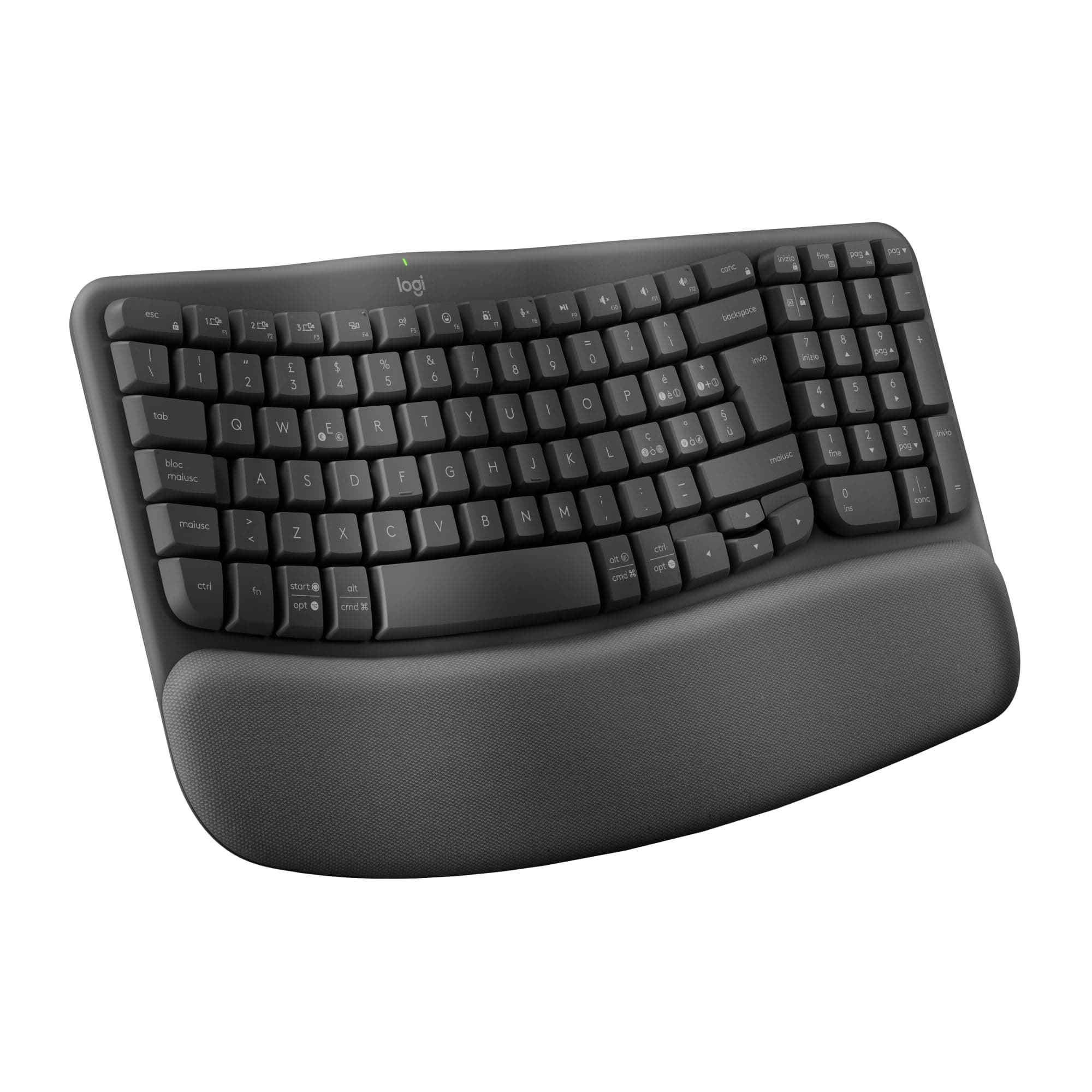 Logitech Wave Keys tastiera wireless ergonomica con supporto per i polsi imbottito, digitazione comoda, Easy-Switch, Bluetooth, Logi Bolt,compatibile con più sistemi operativi, Windows/Mac - Grafite