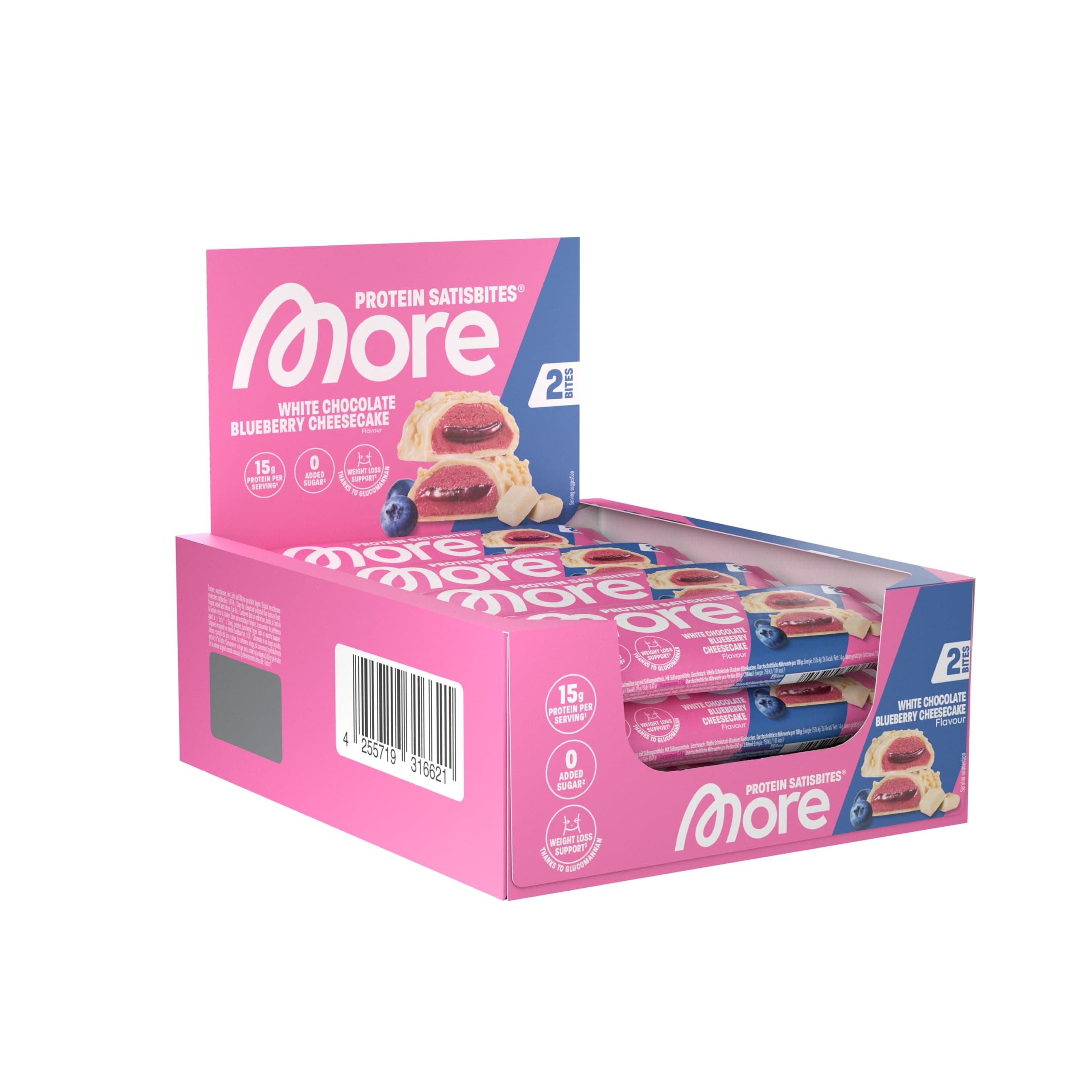 MORE Protein Satisbites, 12er Box Proteinriegel, 12 x 2 x 25 g, White Chocolate Blueberry Cheesecake, bis zu 16 g Protein pro Portion, ohne Zuckerzusatz, made in Germany