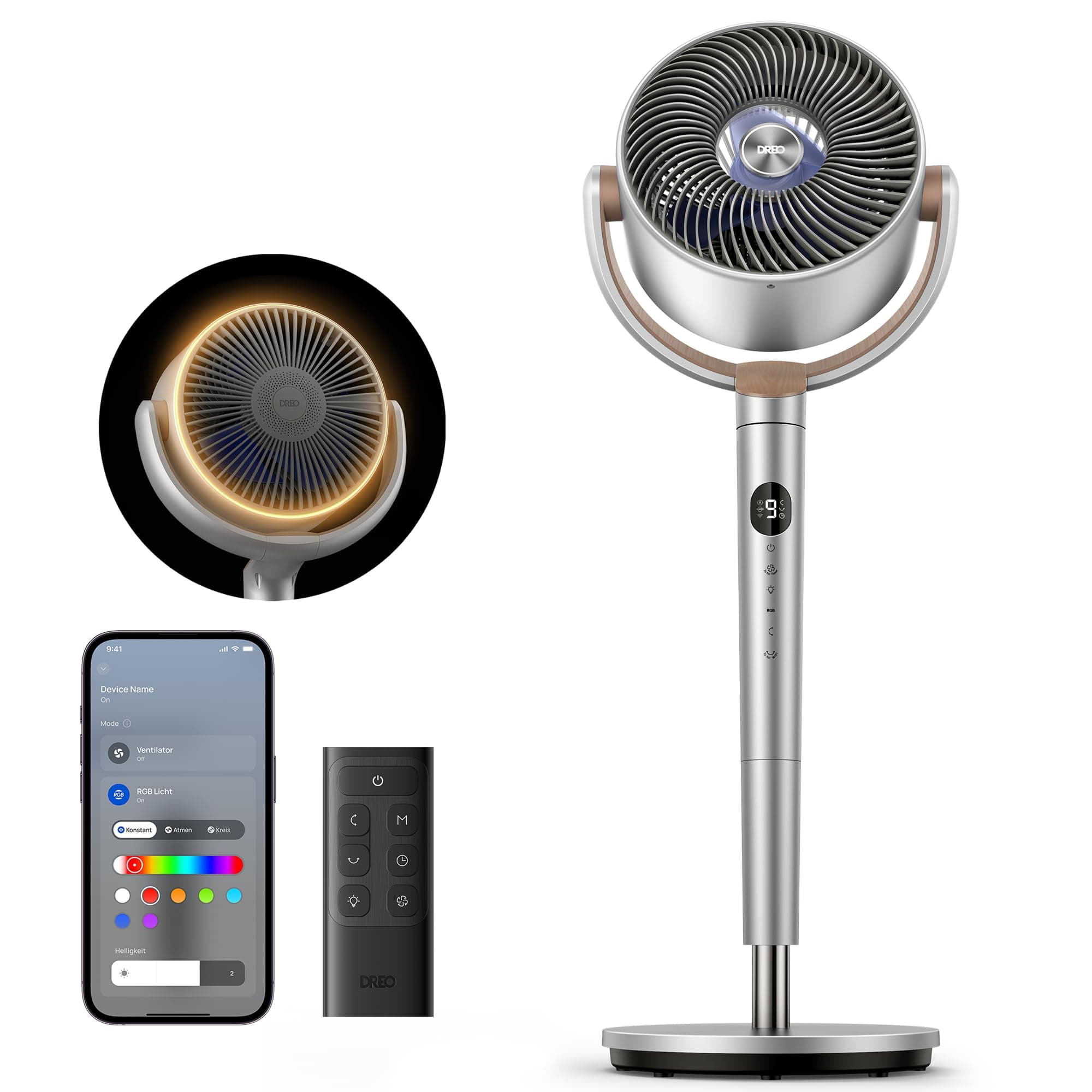 DREO Smart Standventilator mit RGB Light, 120° +120° Oszillierender Ventilator mit Fernbedienung, 20dB Leiser Bodenventilator für Schlafzimmer, 8H Timer, Silber