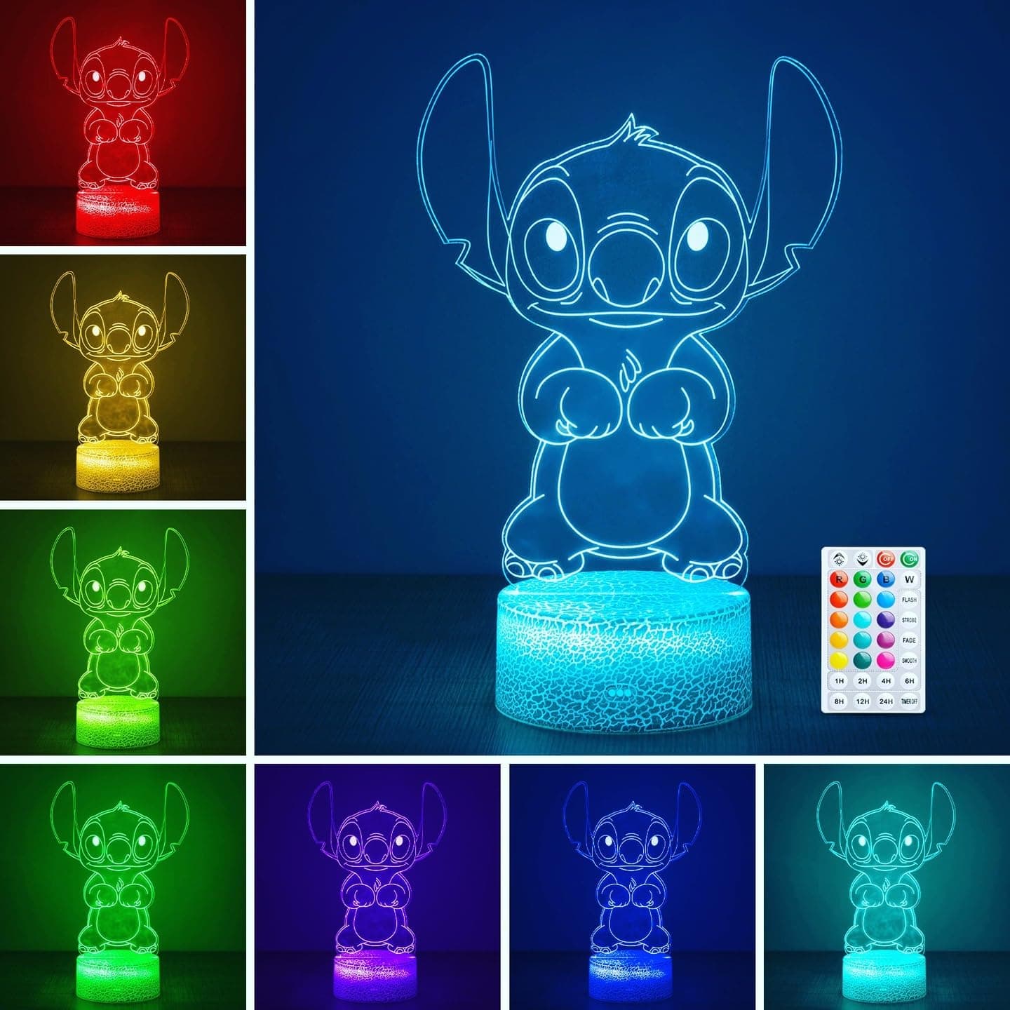 Hoofun Lampada Stitch con Timer e Memoria, 16 Colori 3D Illusione LED Luce Notturna, Telecomando e Controllo Touch, Regalo Stitch per Bambini Camera Decorazione Compleanno Natale