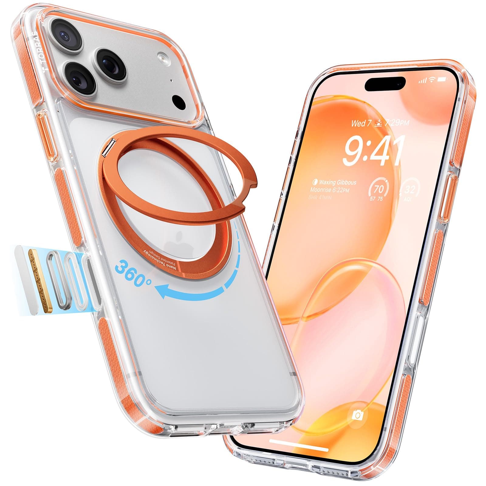 TORRAS 360° Ostand O3 Fitness für iPhone 17 Pro Hülle - Flexibler Magnetischer Ständer, Militärischer Schutz, Kompatibel mit MagSafe Hülle iPhone 17 Pro Case Dünne Griffige Stoßfest Clear-Orange