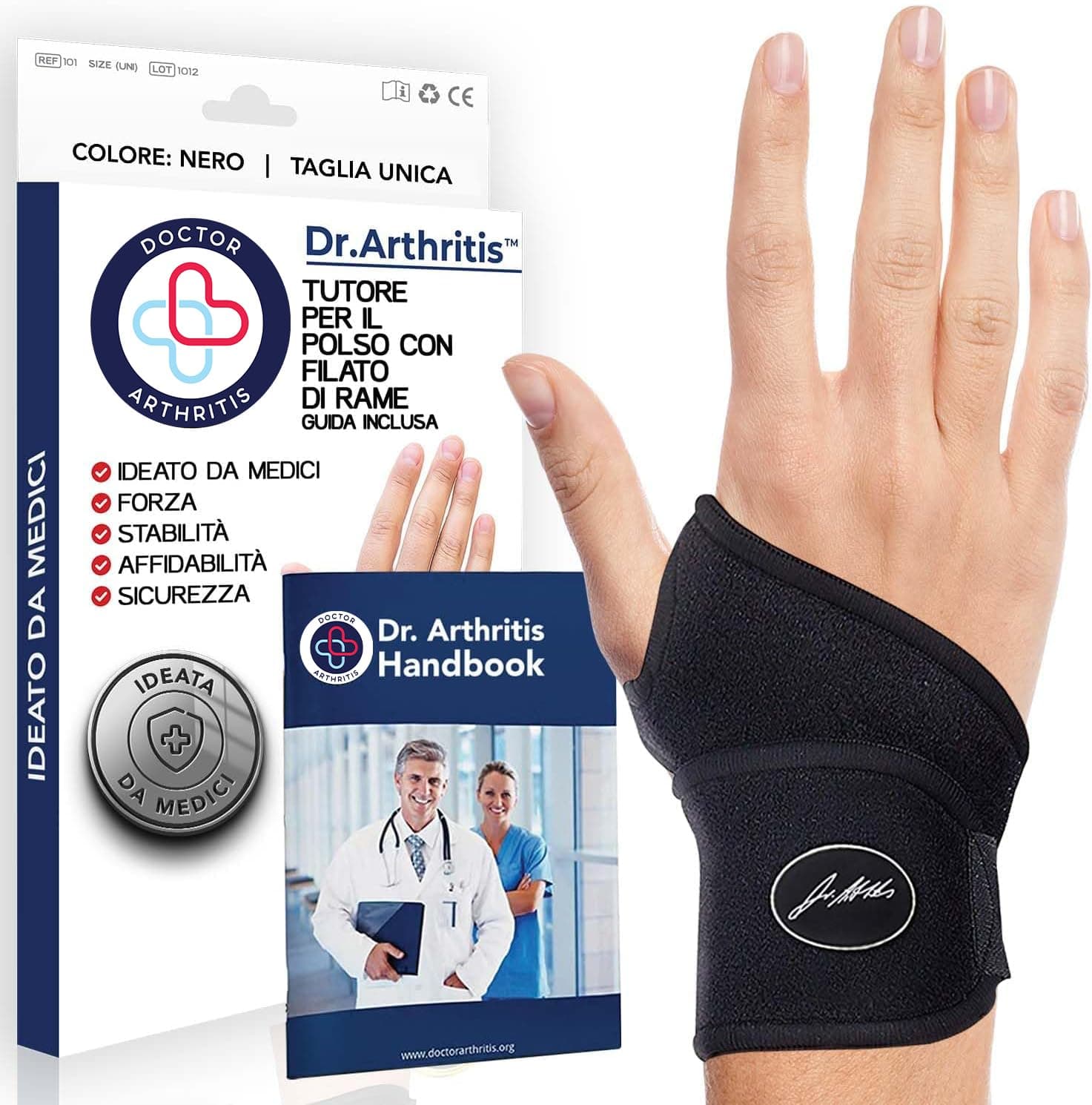 Dr. Arthritis Tutore Polso con Rivestimento in Rame Ideato da Medici – Polsiera Ortopedica Mano Sinistra e Destra – Fascia Elastica di Supporto per Tunnel Carpale (Singolo, Taglia Unica, Nero)