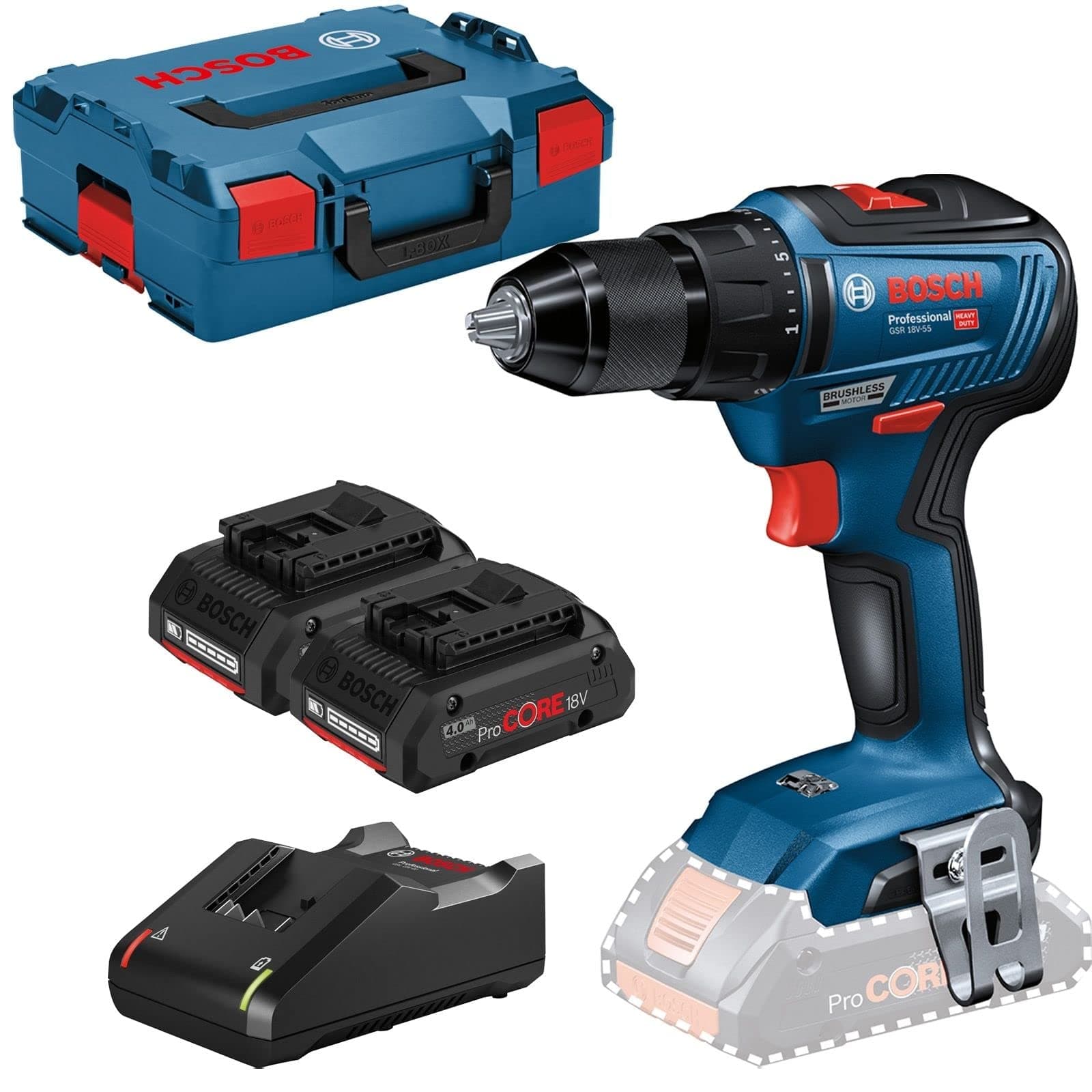 Bosch Professional 18V System Akku Bohrschrauber GSR 18V-55 (max. Drehmoment 55 Nm, 1.800 min⁻¹, inkl. 2x Akku ProCORE18V 4.0Ah, Schnellladegerät GAL 18V-40, Einlage, L-BOXX)