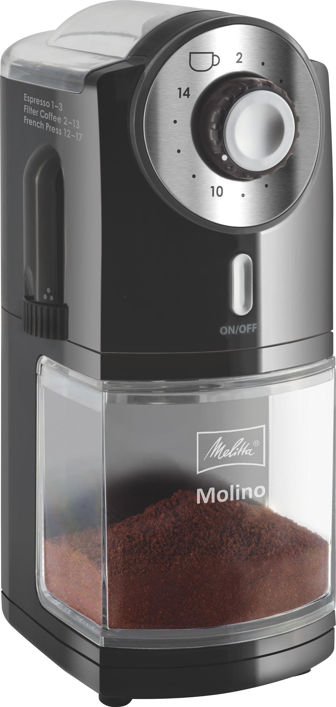 Melitta Molino Kaffeemühle – Elektrische Kaffeemühle mit Scheibenmahlwerk für bis zu 200g Kaffeebohnen, 17 individuellen Mahlstufen, für 2–14 Tassen Kaffee, schwarz
