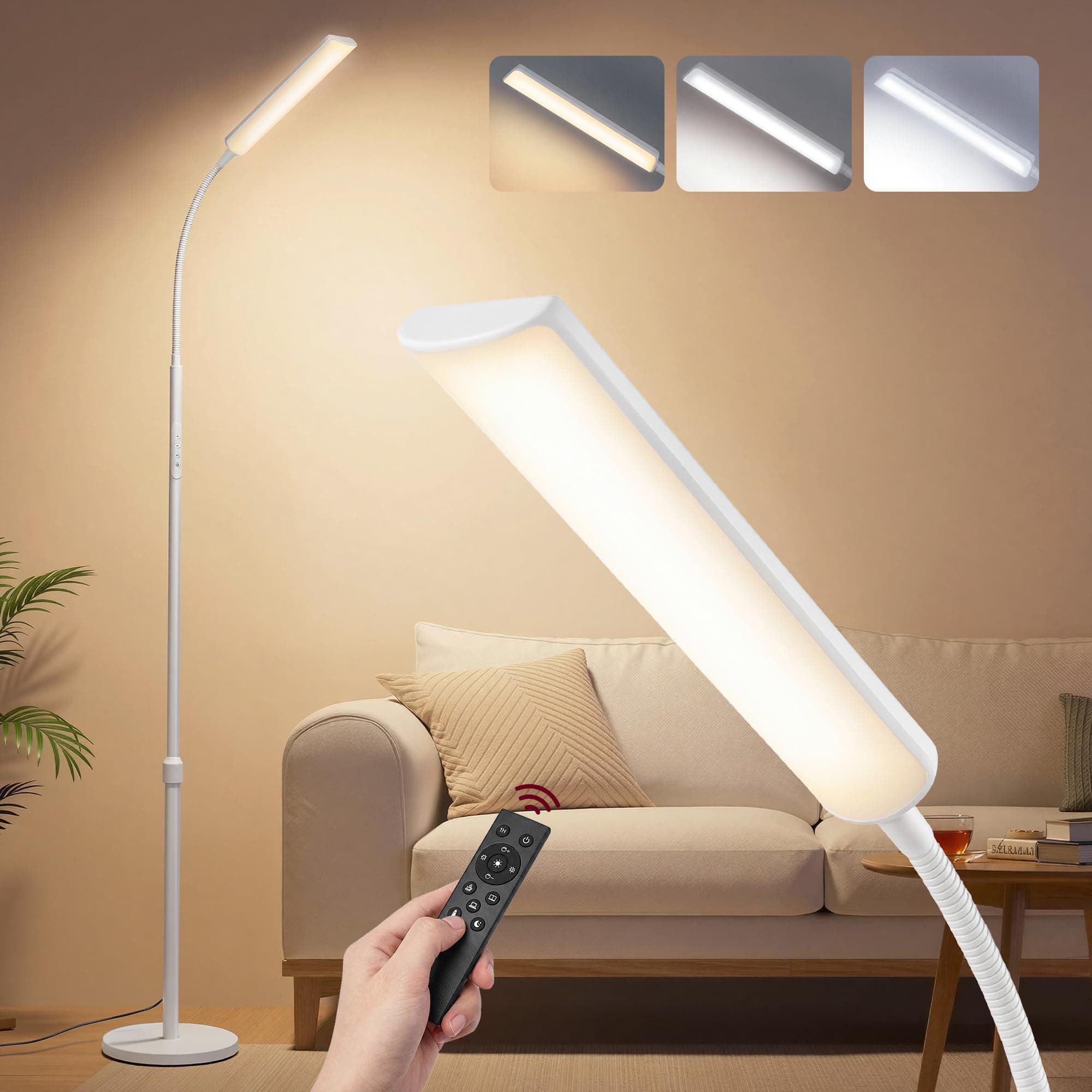 VASAGLE Stehlampe, Stehleuchte, Leselampe, 15 Watt, 141-175 cm höhenverstellbar, 360° drehbarer Schwanenhals, Timer- und Memory-Funktion, Fernbedienung, für Wohnzimmer, mattweiß LFL007WC02