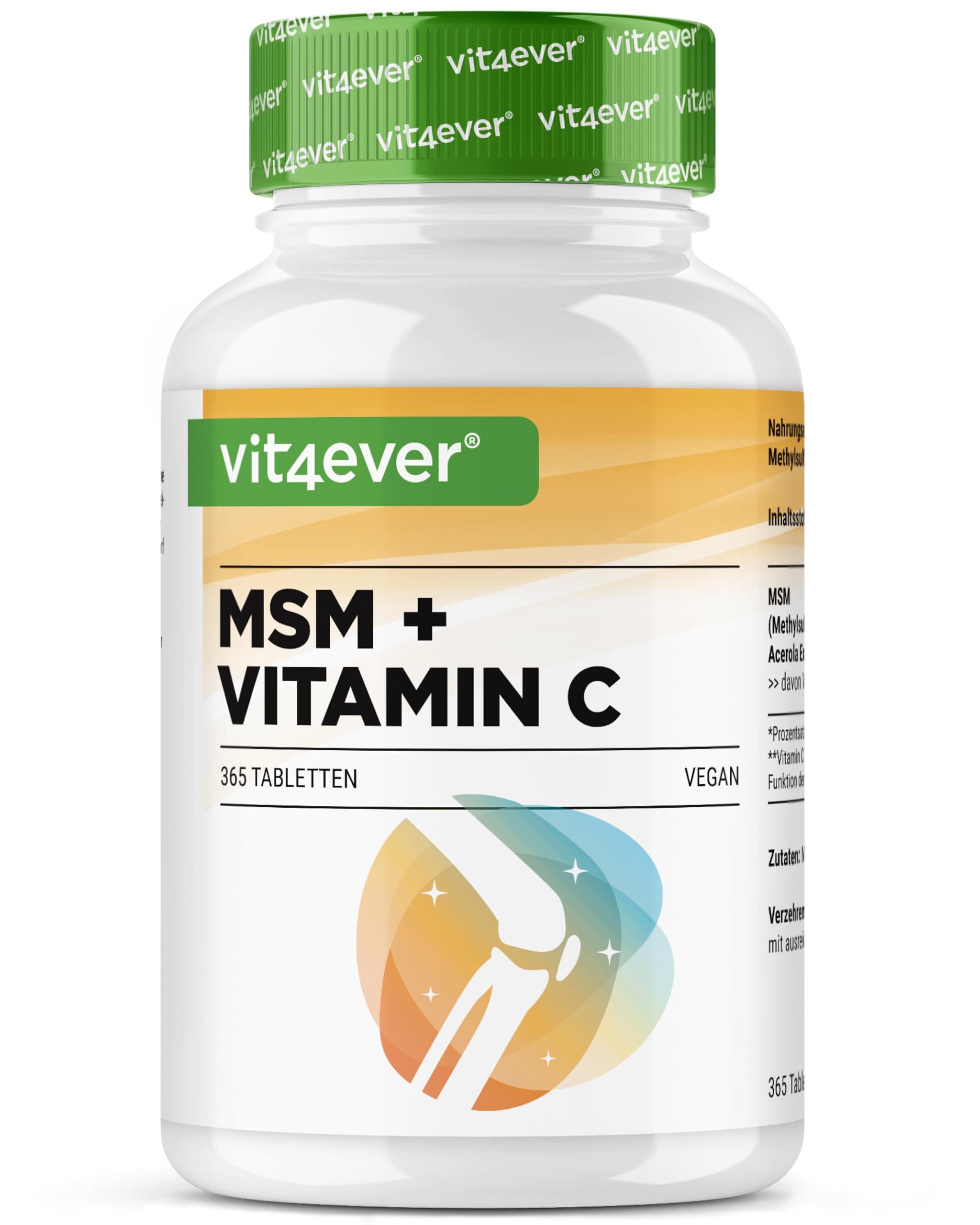 vit4ever MSM 2000 mg - 365 Tabletten - Mit natürlichem Vitamin C aus Acerola - Ohne Zusätze - 6 Monate Vorrat - Hochdosiert - Laborgeprüft - Vegan