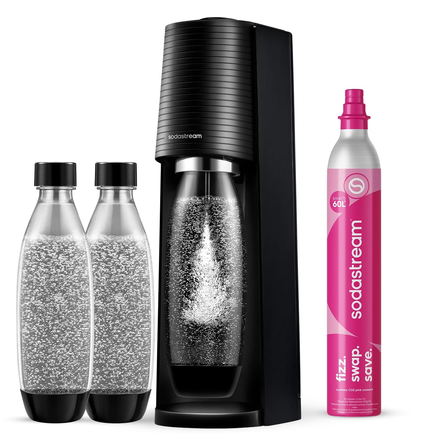 Sodastream Terra – Machine à eau pétillante avec système CO₂ Quick Connect, cylindre de gaz 60L et 3 bouteilles 1L sans BPA inclus, noire