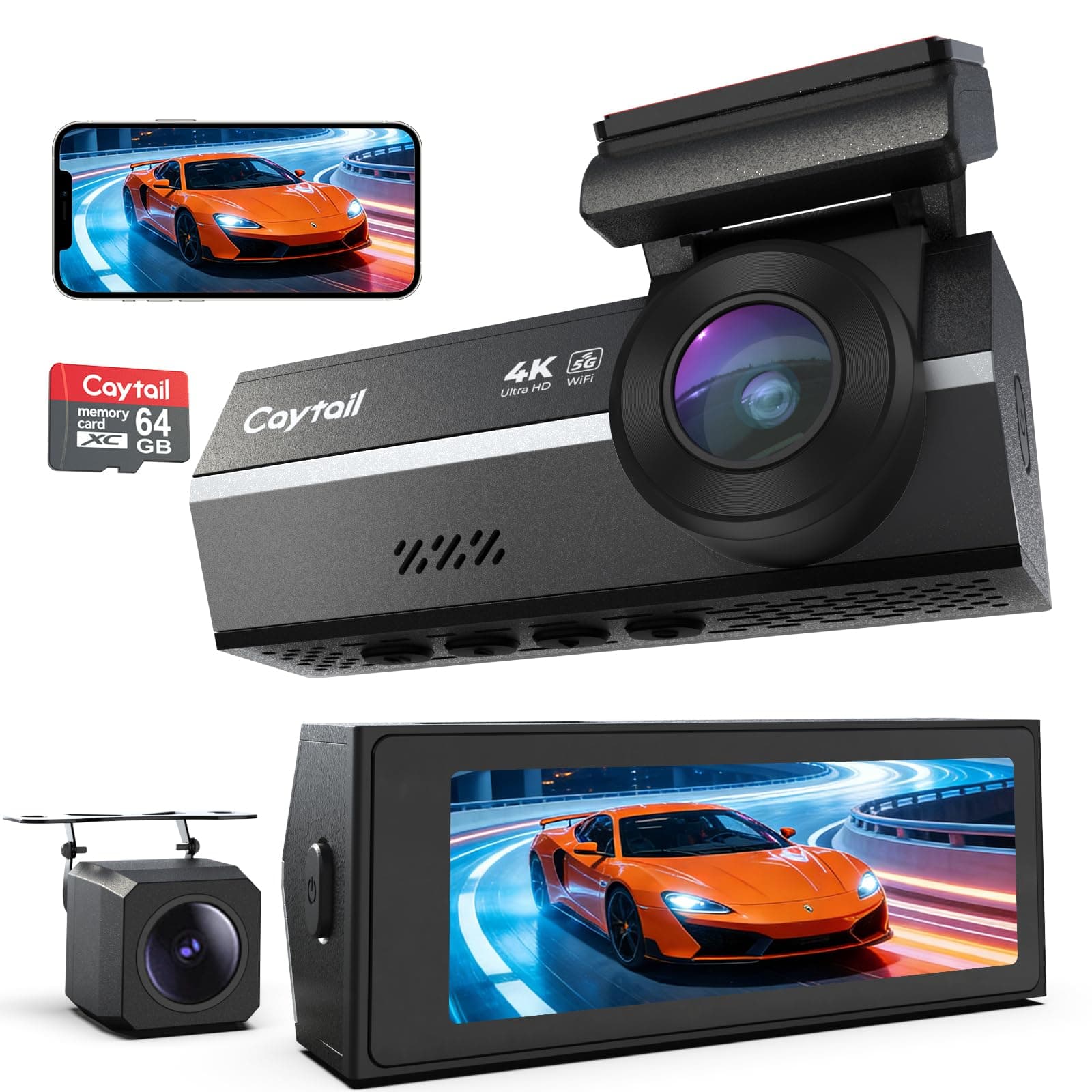 Caytail Dashcam Voiture Avant Arrière 4K+2K, 5GHz WiFi Camera Voiture avec Carte SD 64GB, Dash Cam Grand Angle 170°, Vision Nocturne WDR, Écran 3,2", G-Capteur, Mode Stationnement 24H