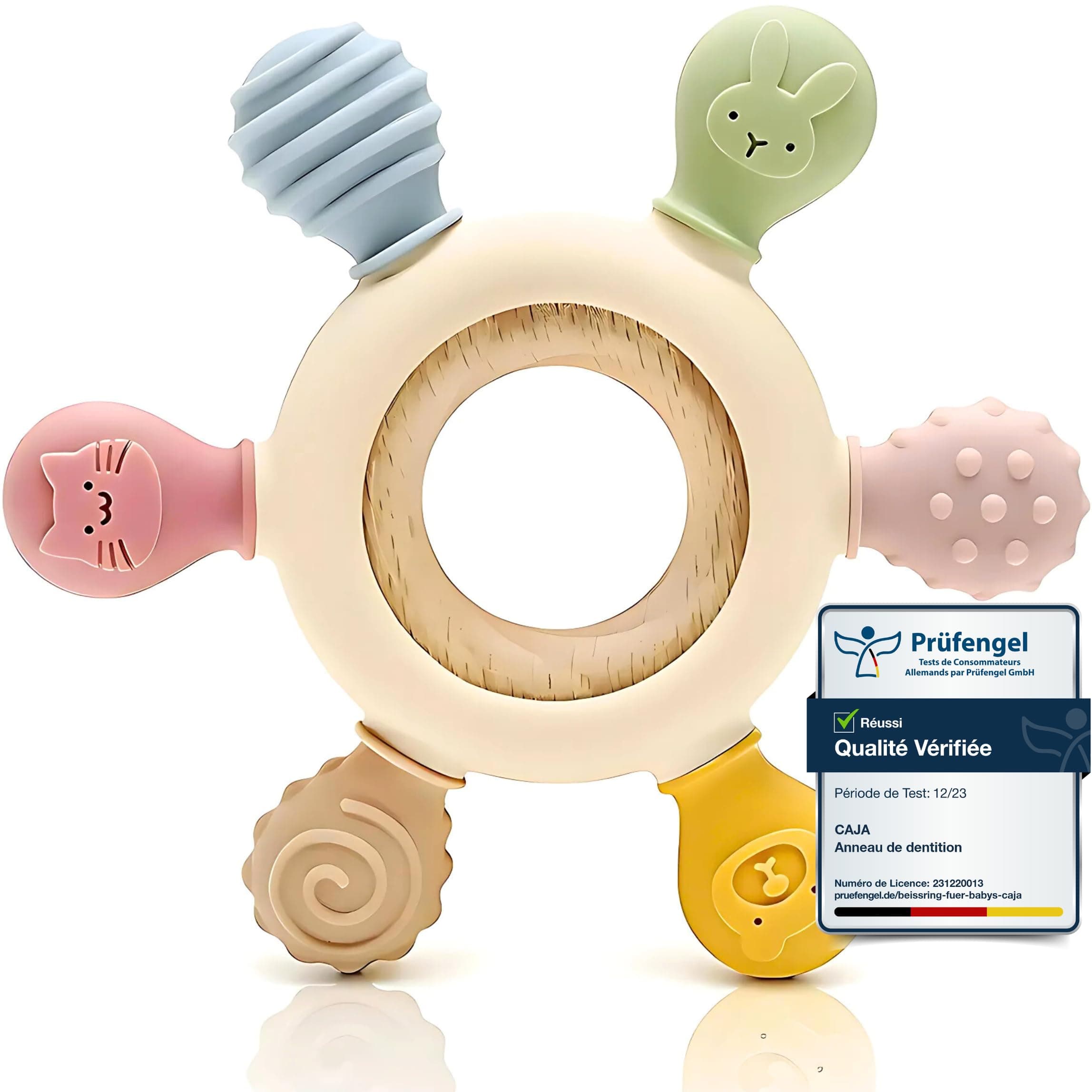 CAJA anneau de dentition bébé en silicone et bois jouet de dentition sans BPA motif animal cadeau naissance garçon fille prise facile
