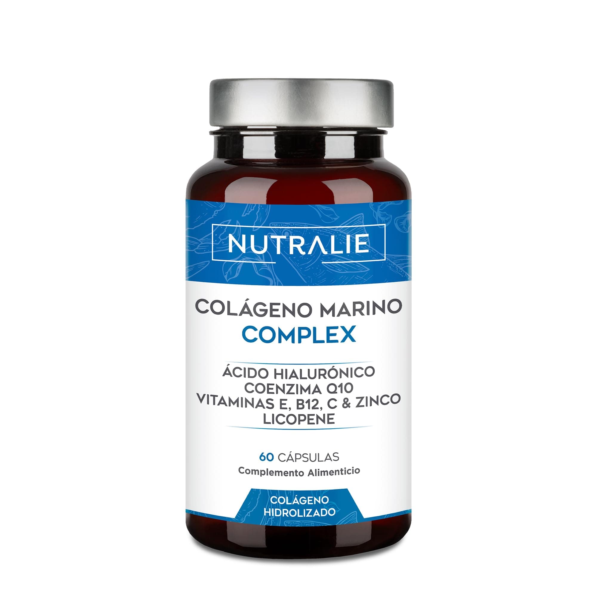 Colágeno Marino Hidrolizado + Ácido Hialurónico Q10 Vit C E - Piel - Vitaminas C E y Q10-100% Péptidos de Colágeno Tipo I - 60 Cápsulas Nutralie