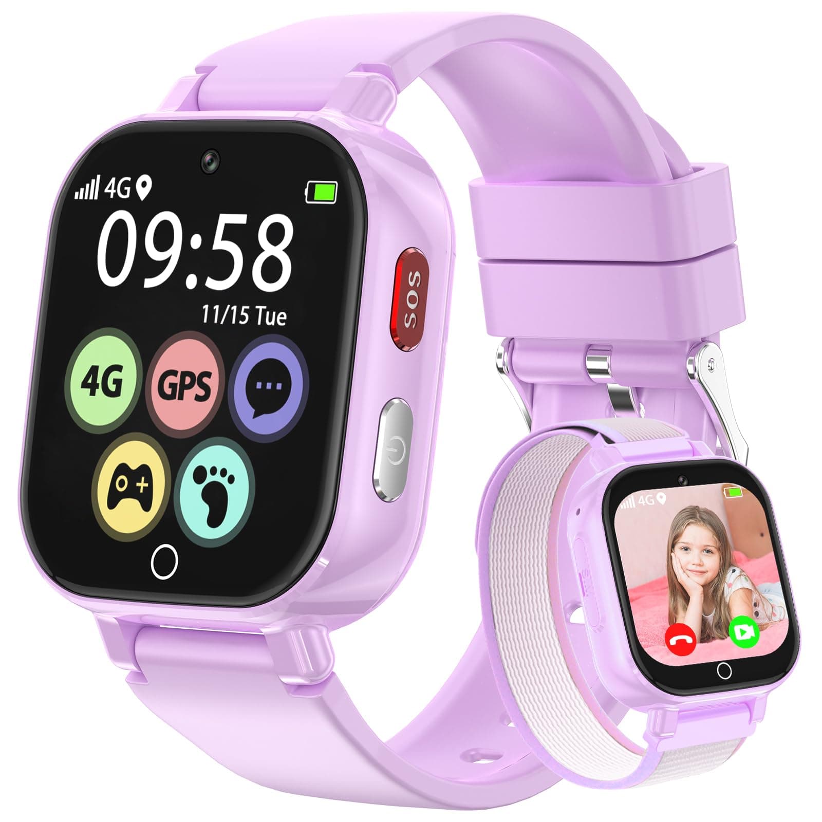 Alutoria Reloj Inteligente niños-Reloj con GPS y Llamadas 4G | Videollamadas Chat de Voz Mensajes SOS WiFi Juegos Podómetro-Reloj Smart Watch Niños Regalos 4-13 púrpura