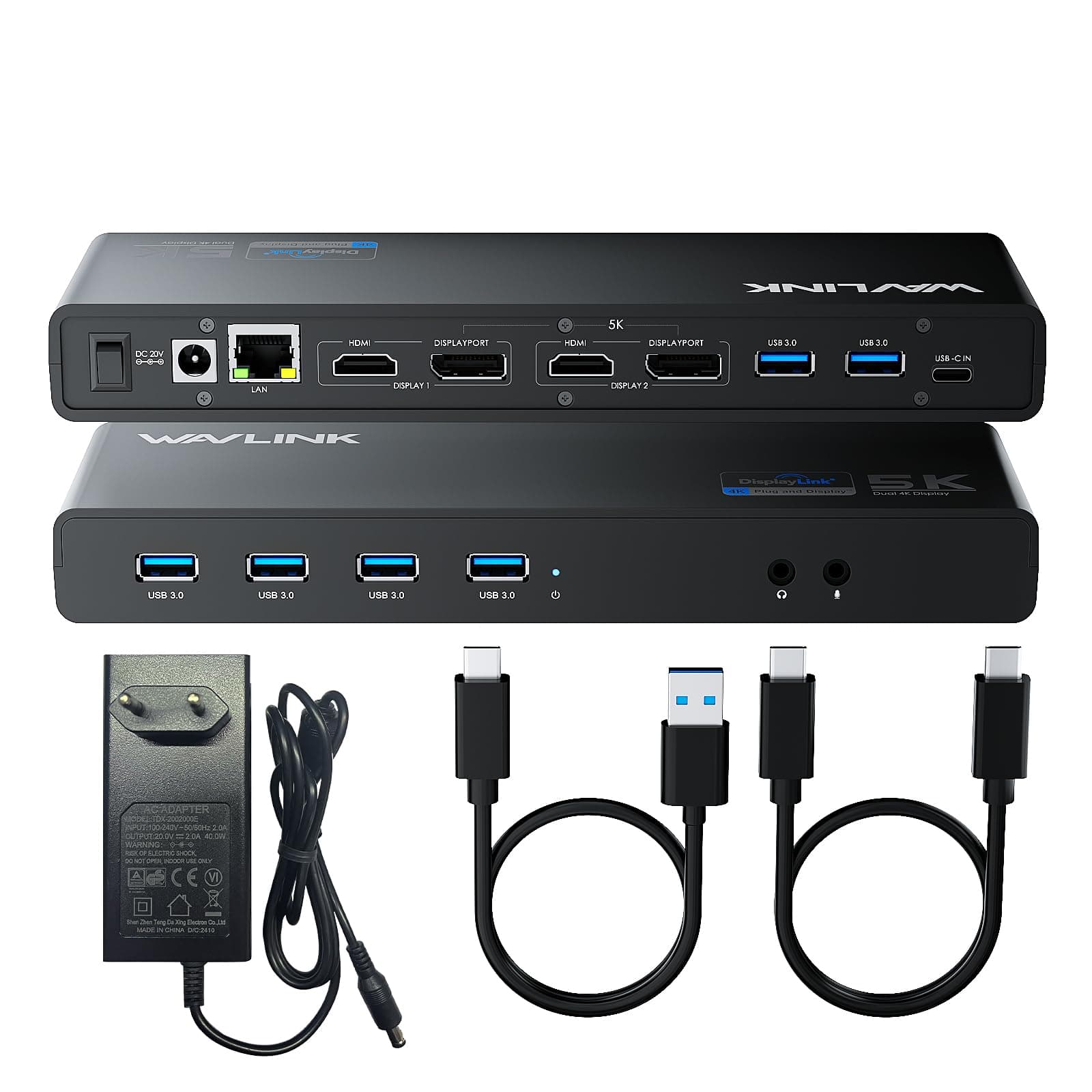 WAVLINK Station d'accueil Displaylink, Station d'accueil Universelle USB C avec 2 × HDMI & DP, Ethernet Gigabit, 6 × USB 3.0, Audio, Microphone, Compatible avec Mac OS et Windows