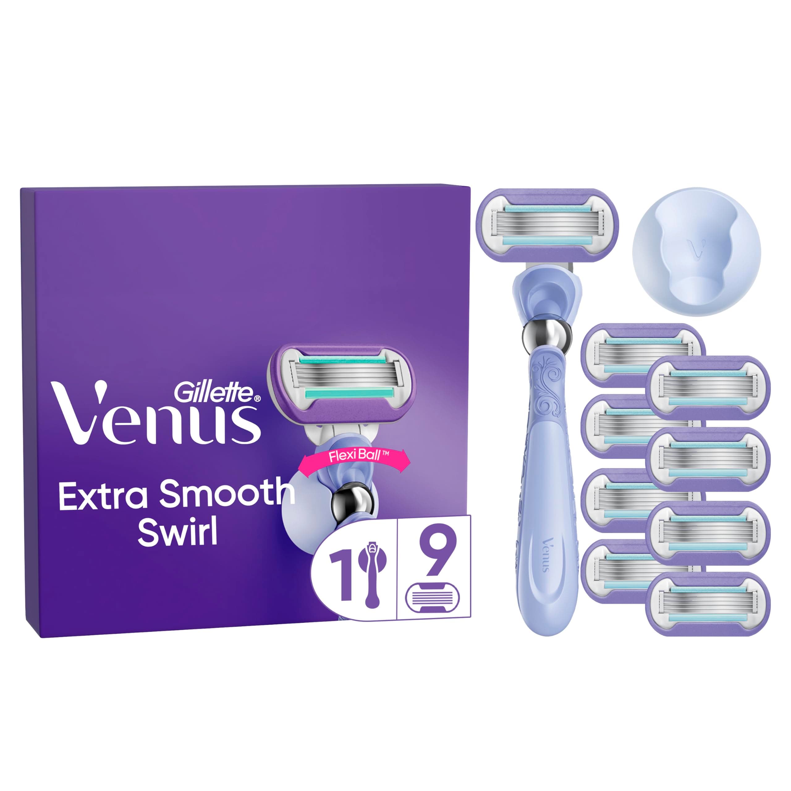 Gillette Venus Deluxe Rasoio Donna Smooth Swirl, 1 Manico e 9 Lamette donna di Ricambio (da 5 Lame), con Tecnologia FlexiBall, Rasatura Ottimale, idea regalo