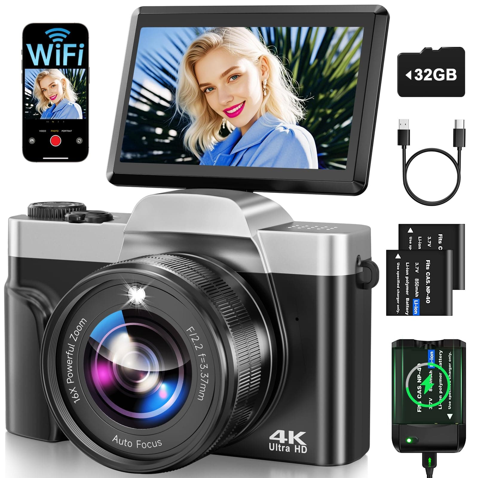 Appareil Photo Numérique avec WiFi, 4K 64MP Autofocus Camera Vlog 16X Digital Zoom à Écran Rabattable à 180° Appareils Photo Compact avec Station de Charge, 2 Batteries, Carte 32 GB pour Débutants