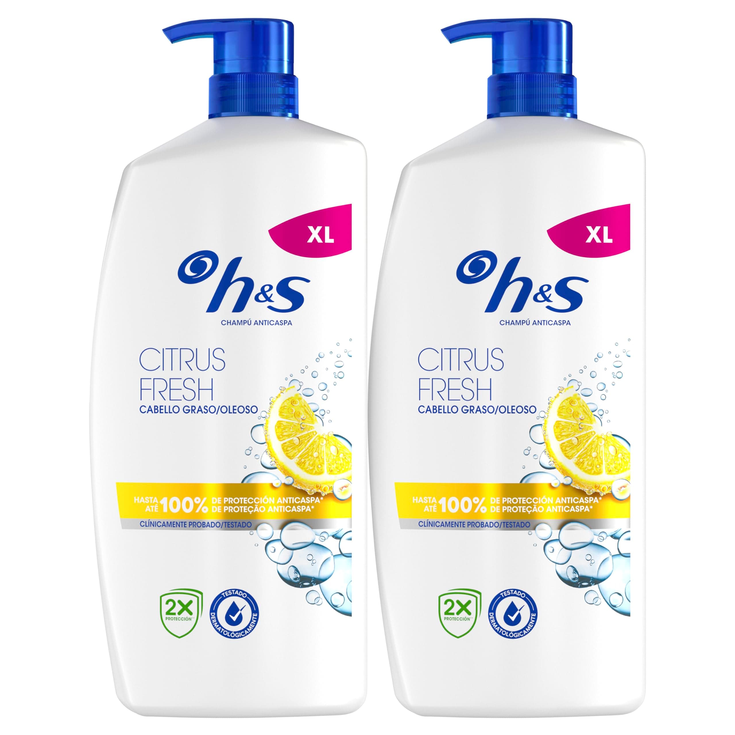 H&S Citrus Fresh Champú Anticaspa Para Pelo Graso 2X800ml, Con Dispensador. Hasta 100% De Protección Anticaspa, Clínicamente Probado. Para Uso Diario
