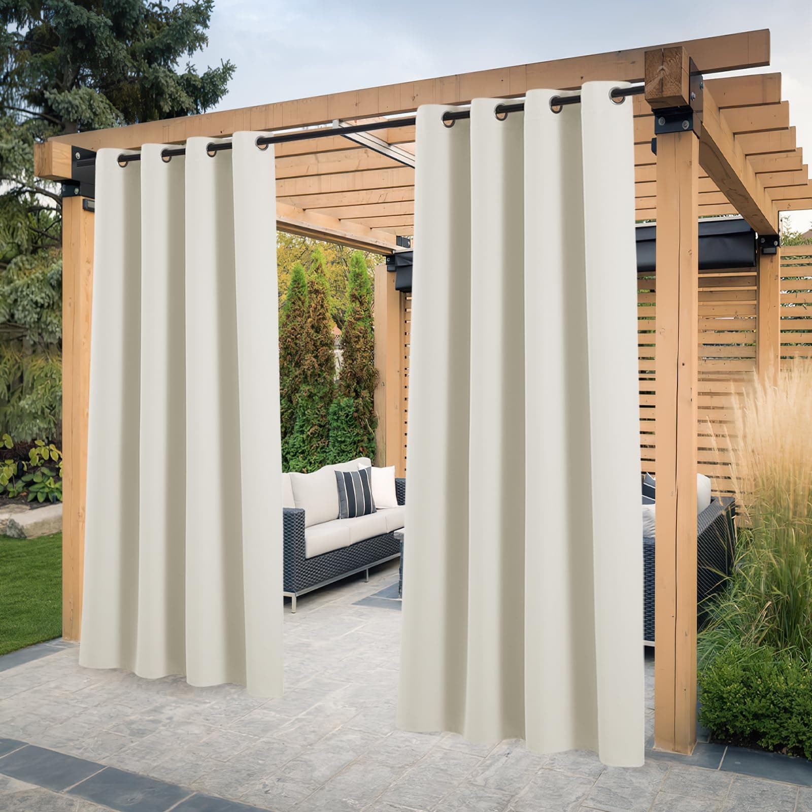 PONY DANCE Balkon Vorhang Sonnenschutz & Sichtschutz Terrasse/Pavillon Vorhänge 2er Set Outdoor Gardinen Wasserdicht Outdoorvorhang Wetterfest mit Ösen, H 213 x B 132 cm, Hellbeige