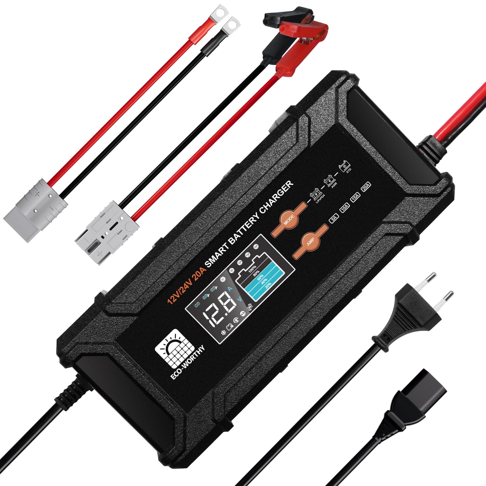 ECO-WORTHY 12V/24V 20A Chargeur de Batterie LiFePO4 avec Options Multi-Courant 5A/10A/15A/20A,détection Automatique de la Tension de la Batterie Plomb-Acide LiFePO4