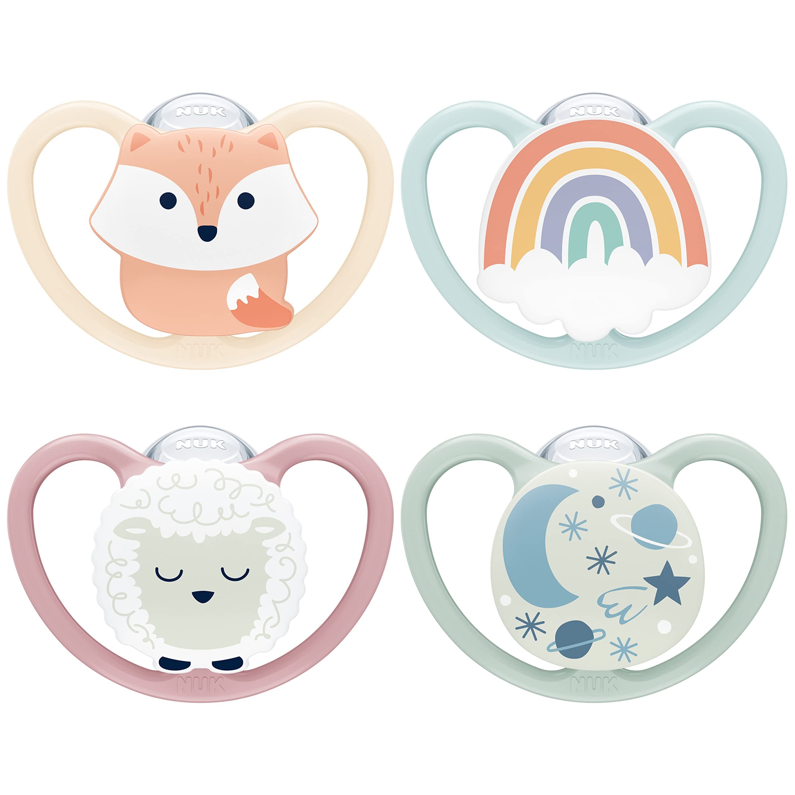 NUK Space Day & Night Babyschnuller | 0-6 Monate | Im Dunkeln leuchtende Schnuller mit zusätzlichen Öffnungen für sensible Haut | BPA-freies Silikon | Fuchs & Schaf | 4 Stück