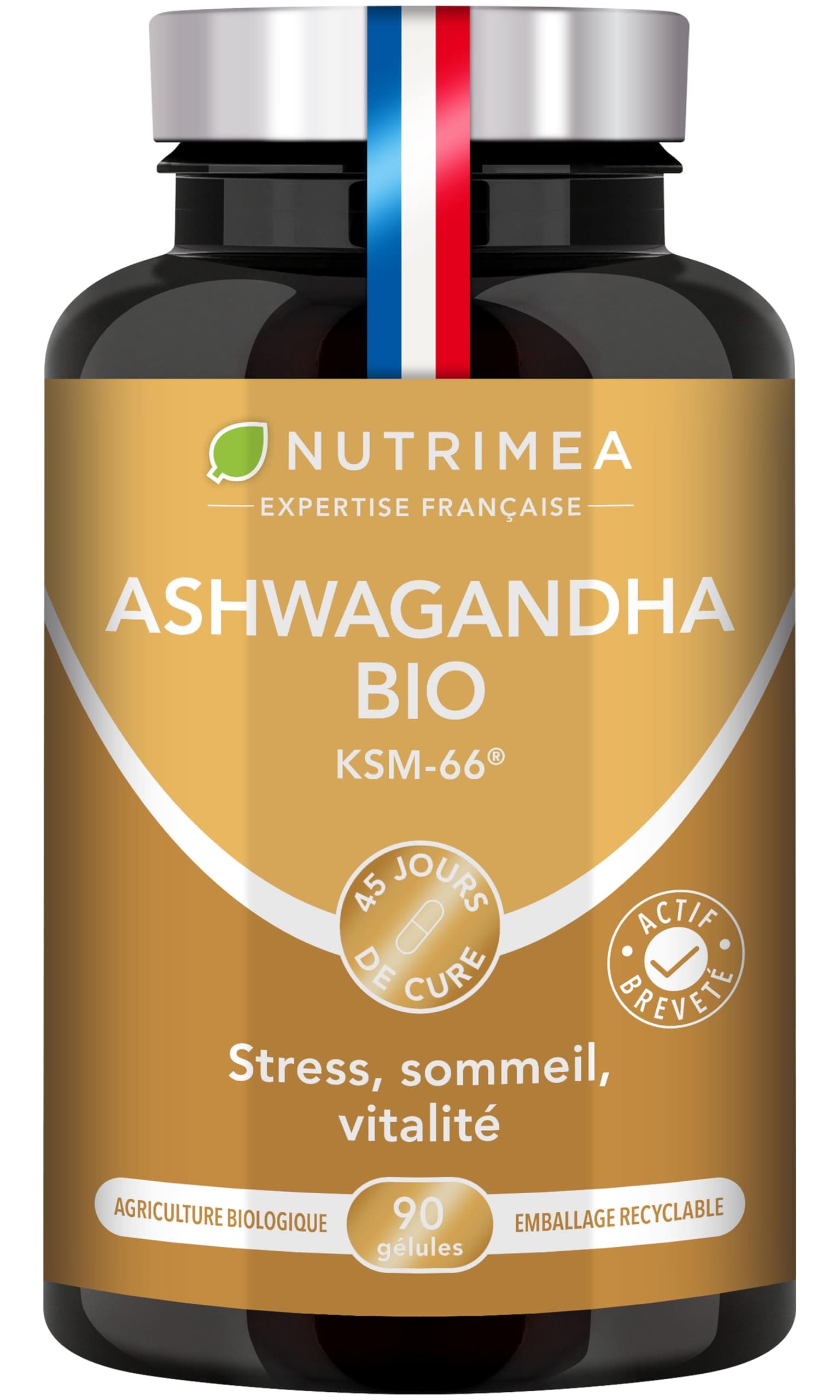 ASHWAGANDHA - 7200 mg - Actif BIO Breveté KSM-66® - Extrait 12:1 Titré à 5% en Withanolides - Bien-Être Physique & Mental, Tonus & Concentration - 90 Gélules Vegan - Nutrimea - Fabriqué en France
