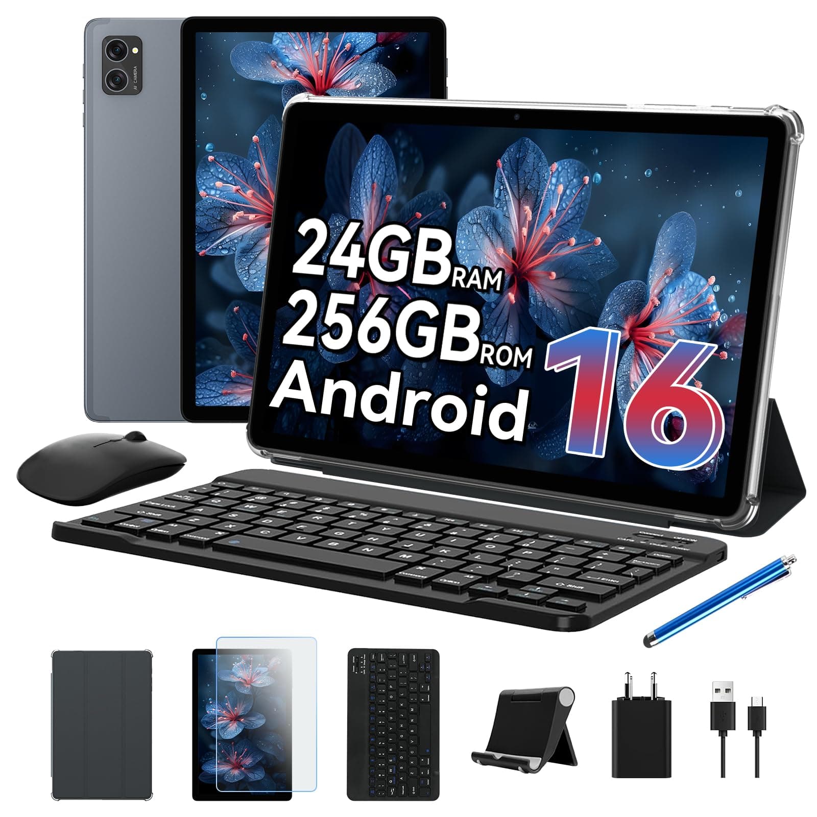 TABWEE T20 Android 16 Tablet con Teclado - 24 GB RAM+ 256 GB ROM(2 TB TF), Octa-Core, Gemini AI, Widevine L1, Tablet 10 Pulgadas, 5000mAh, 8MP+5MP, Face ID, GPS (Garantía de 4 años)