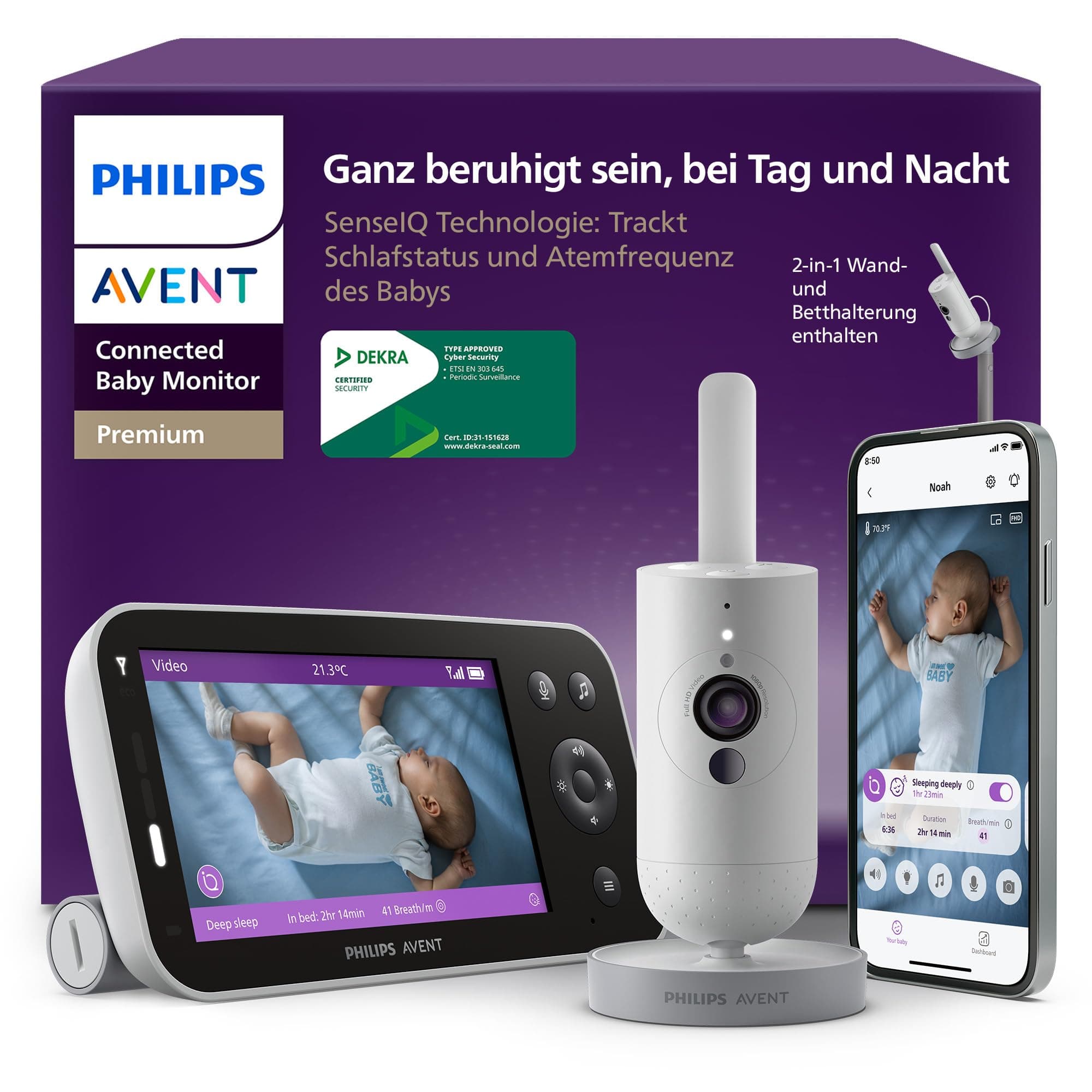 Philips AVENT Premium Connected Babyphone mit Kamera, das bisher Beste Babyphone, Schlaf- und Atmungs-Tracking mit KI, Schrei-Interpretation, DEKRA Zertifiziert privat und sicher, SCD973/26