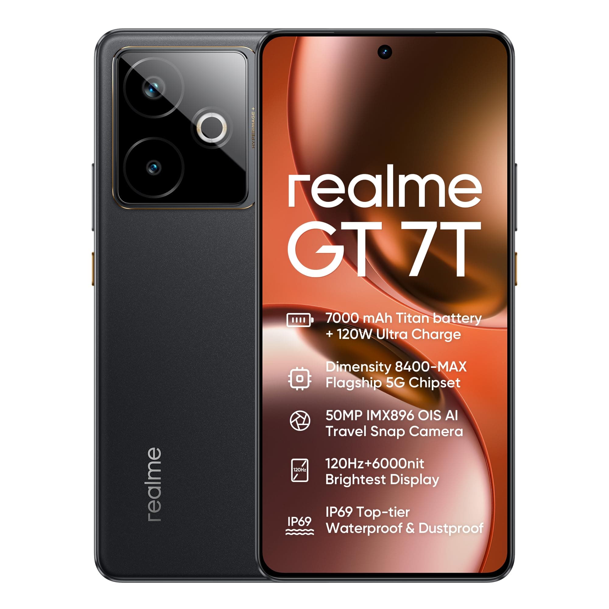 realme GT 7T 5G Smartphone 12+512GB,Cámara 50MP IMX896 OIS,Chip Dimensity 8400-MAX,Batería 7000mAh Titan,Pantalla 6.78'' 120Hz 6000nits Pro-Esports,NFC,Negro