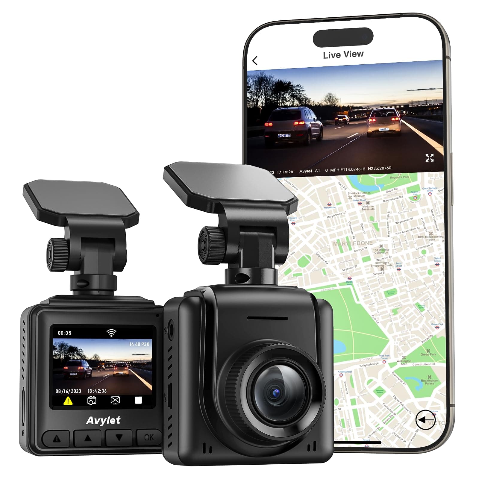 Avylet 2K Dash Cam Wi-Fi, 1440P Mini Dashcam Auto IPS 1.5'', Telecamera per Auto con APP, GPS Esterno, WDR Visione Notturna,Grandangolo 170°, 24H Monitor di Parcheggio, G-Sensor, Registrazione in Loop