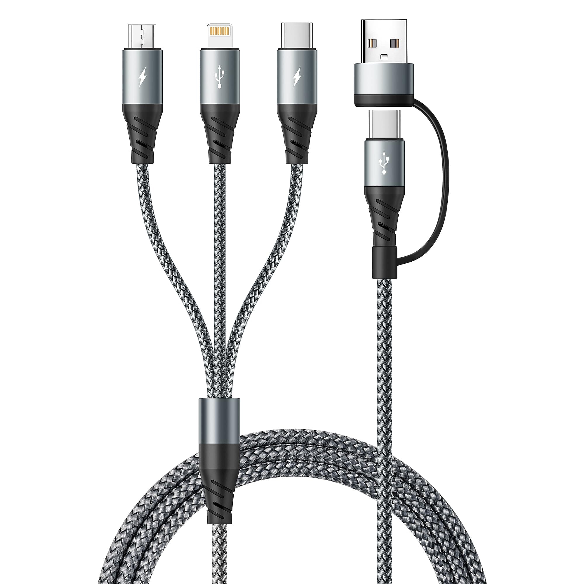Miger Chargeur Multi Embout 5 en 1,USB A/C Chargeur Universel [1.2m] Chargeur USB Multiple avec Transfert de Données Nylon Câble Charge Rapide avec Micro/Type C/IP iPhone17/16/15,Android,Tablette