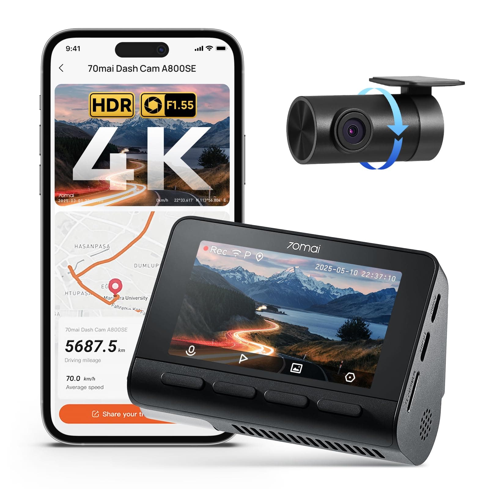 70mai A800SE Dashcam Auto Vorne Hinten 4K HDR 2160P+1080P, Dual Autokamera 3" IPS, F1.55 Blende Nachtsicht, 210Sek.Puffer Notfall-Voraufzeichnung, Parküberwachung (Enthält Keine Micro-SD-Karte)