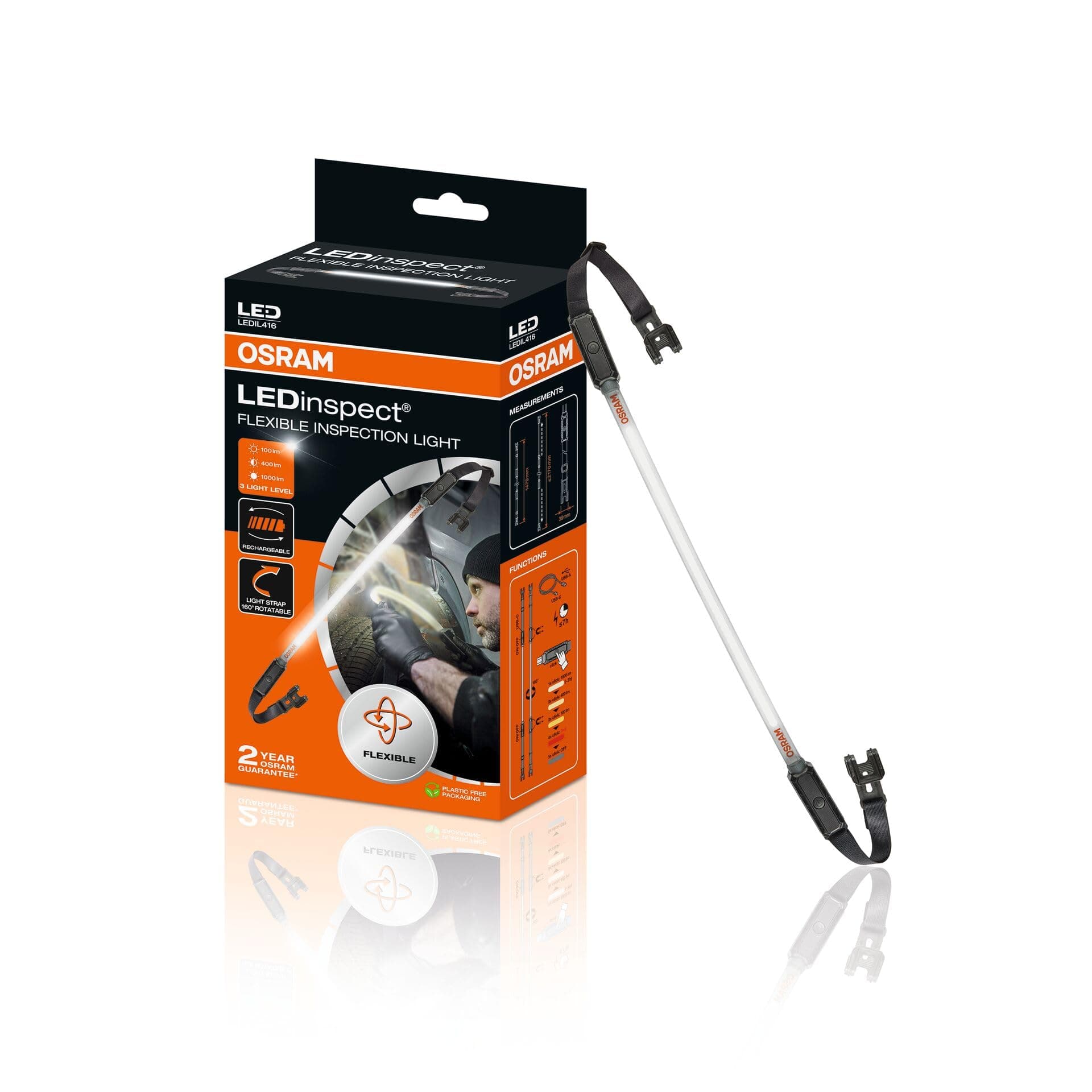 OSRAM LEDInspect FLEXIBLE INSPECTION LIGHT, luz de inspección LED recargable, 6000K, luminosidad hasta 1000lm, correas elásticas extraíbles