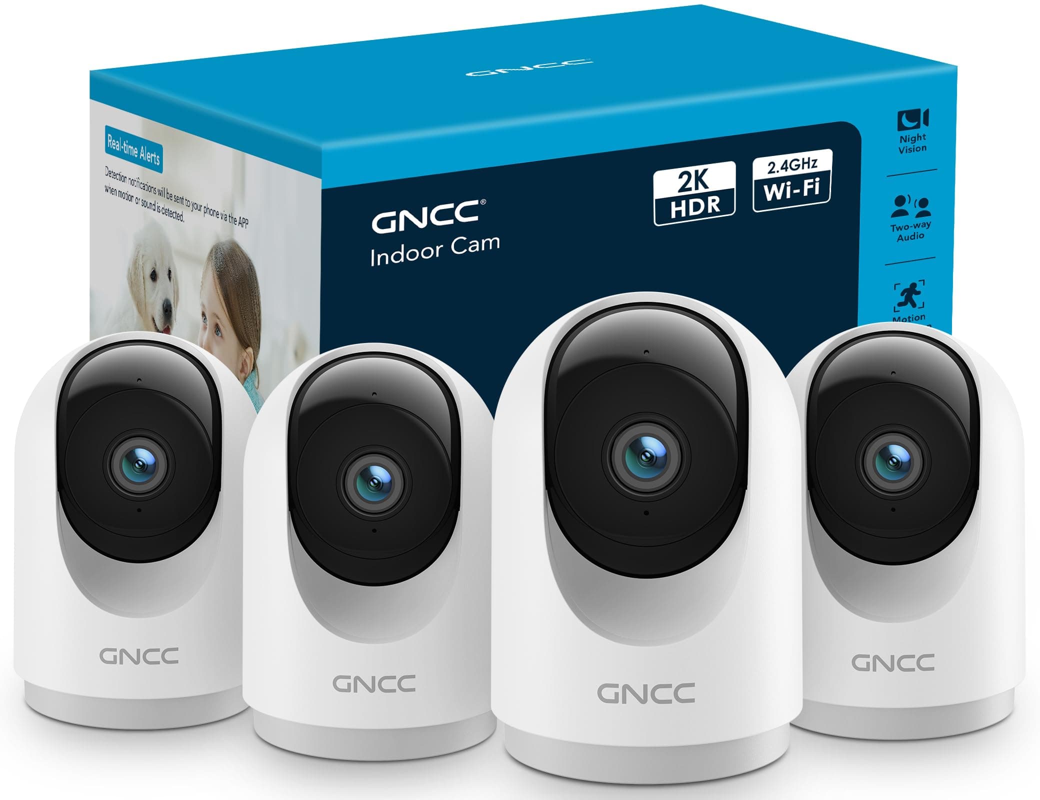 GNCC 2K(3MP) Caméra Surveillance Intérieure 2.4G/5GHz WiFi(Lot de 4), 360° PTZ Caméra Surveillance Intérieure Maison, Vision Nocturne, Détection IA, Audio Bidirectionnel, Alertes, Compatible Alexa