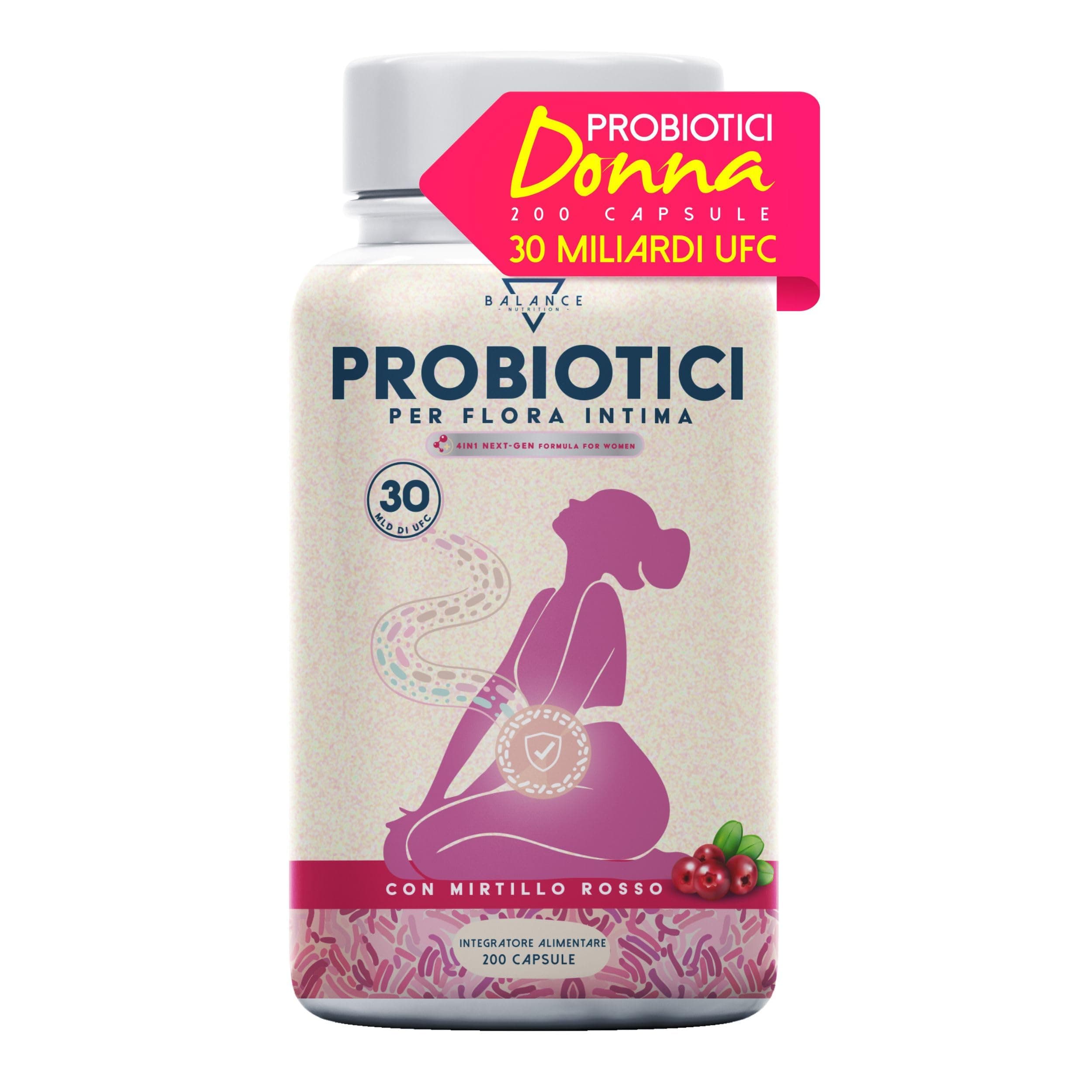 Probiotici e Prebiotici per la Flora Intima - 200 Capsule | Probiotici Donna | 30 Miliardi CFU/giorno | Candida Vaginosi | Lactobacillus Rhamnosus, Reuteri, Crispatus, Fermentum e Mirtillo Rosso