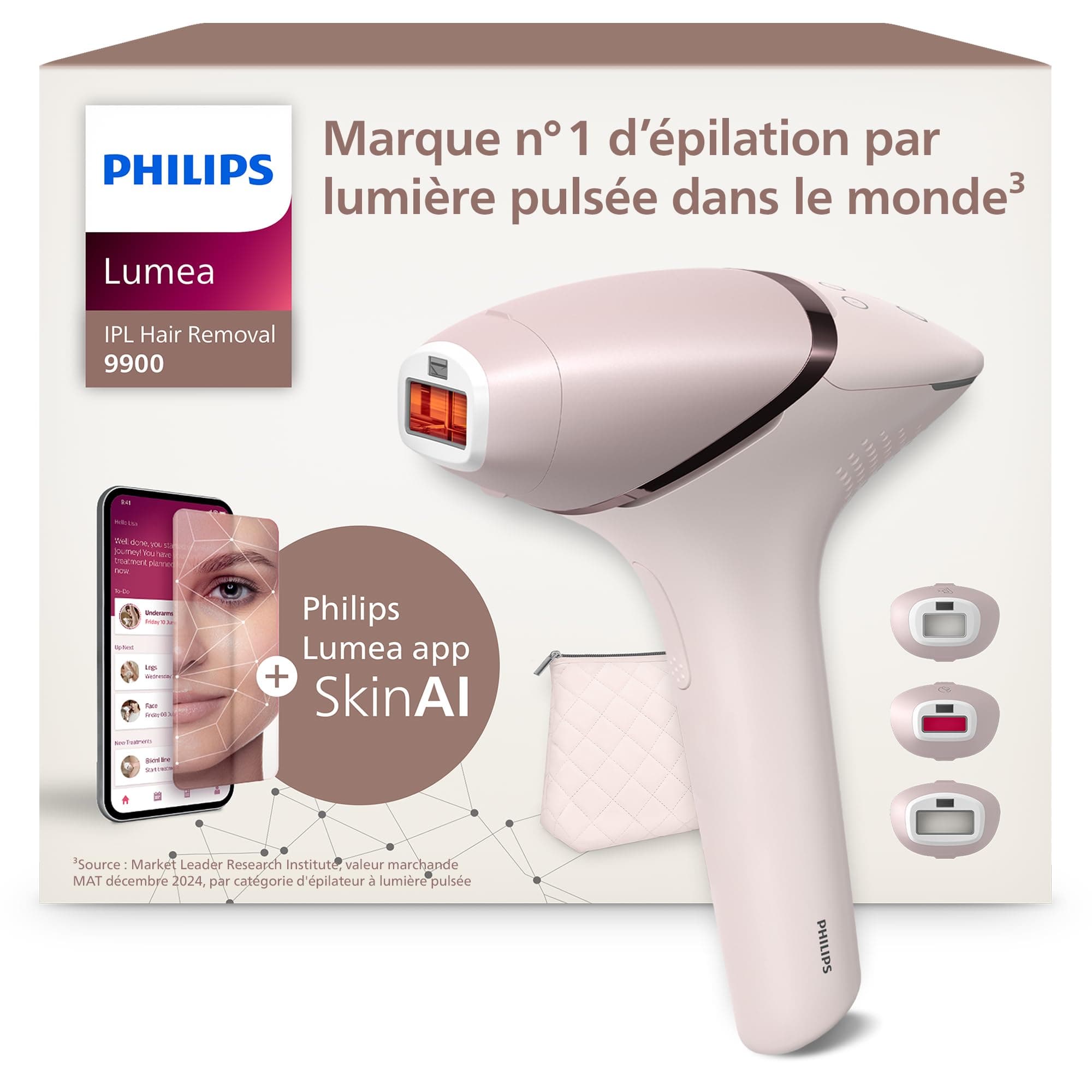 Philips Lumea série 9900 - épilateur à lumière pulsée, alternative à l'épilation laser, SenseIQ et SkinAI, 3 embouts pour le corps, le visage et les zones de précision, avec ou sans fil, BRI953/02