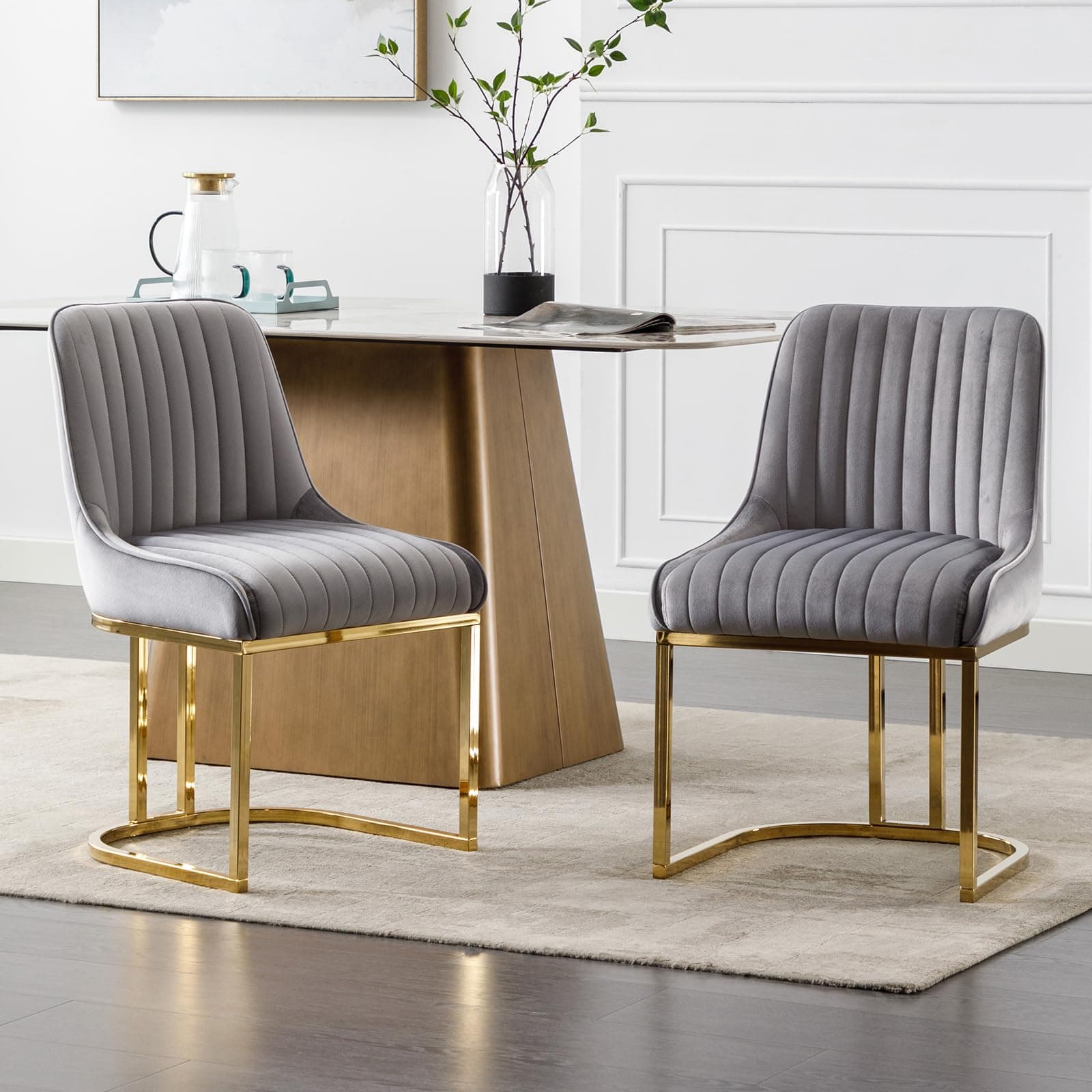 Ya-Home Chaises de Salle à Manger en Velours avec Pied Doré Chaises Salle à Manger Lot de 2 Chaise de Cuisine Moderne, Gris