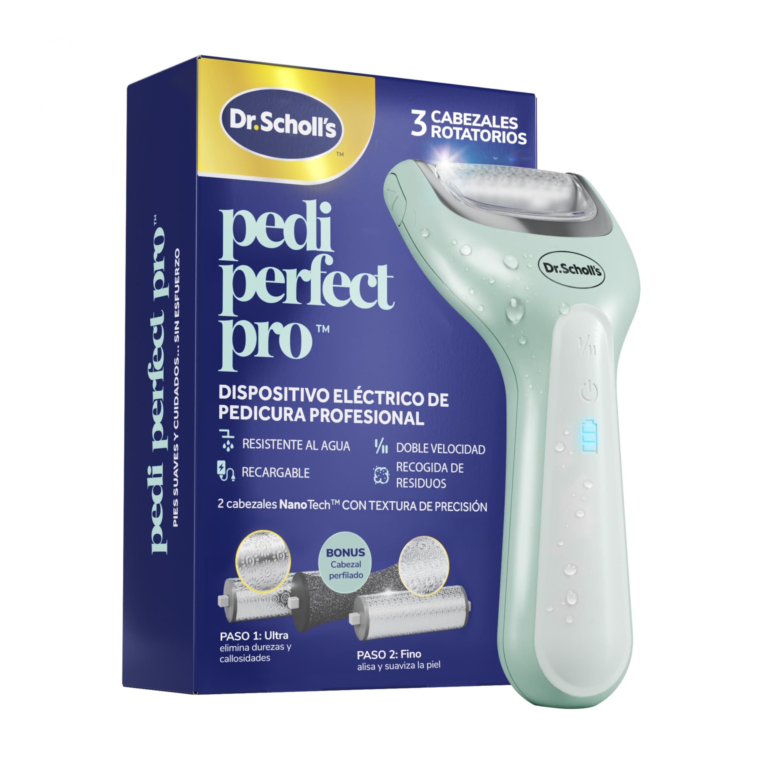 Dr. Scholl's Pedi Perfect Pro Pedicura Eléctrica Profesional para Pies – Elimina Callos y Durezas, Lima Eléctrica para Talones, Fresa Recargable e Impermeable, 3 Cabezales, Recogepolvo